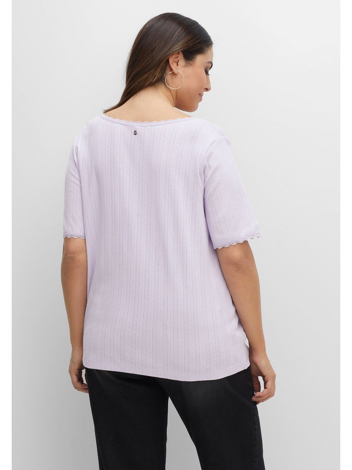und T-Shirt Lochmuster Größen mit Spitze Große lavendel Sheego