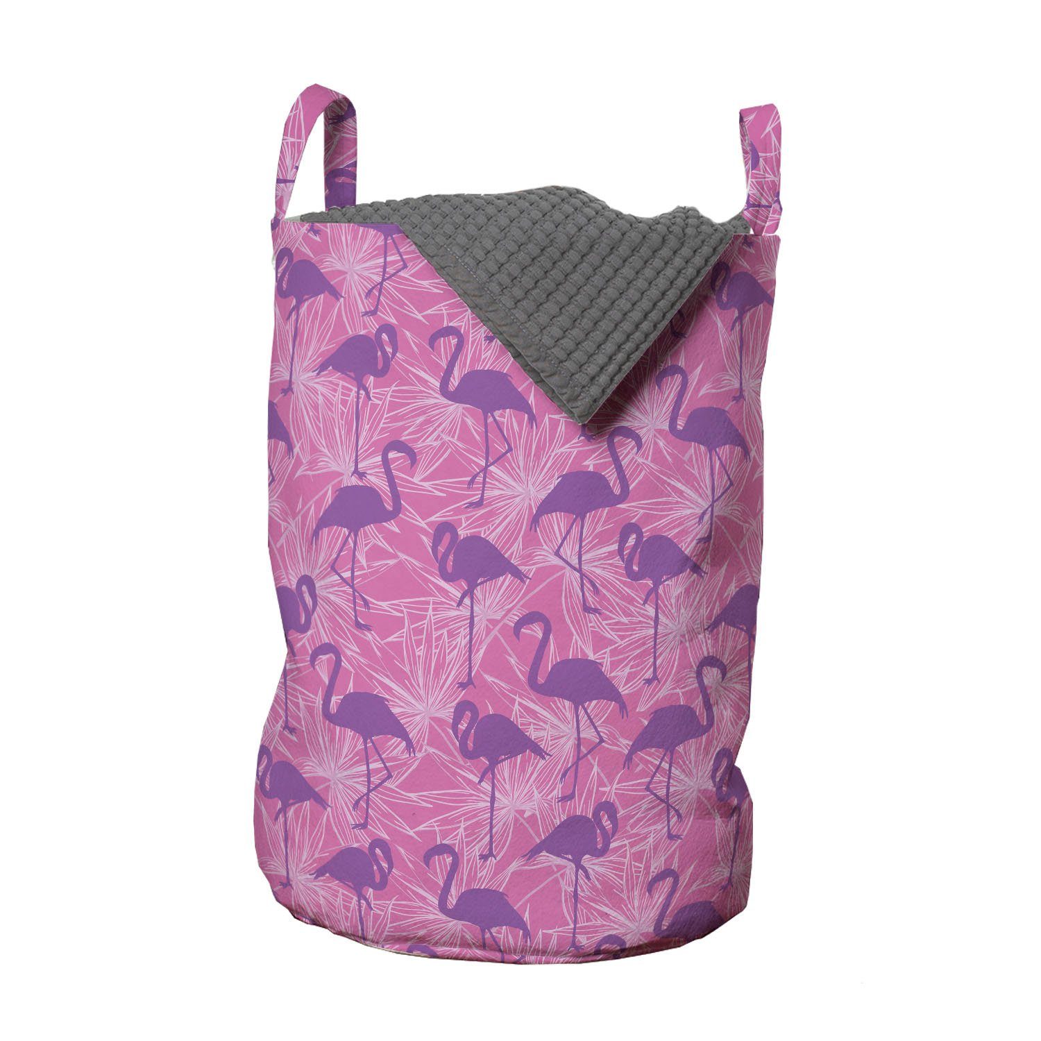Abakuhaus Wäschesäckchen Wäschekorb mit Griffen Kordelzugverschluss für Waschsalons, Tropisch Flamingos auf Blättern