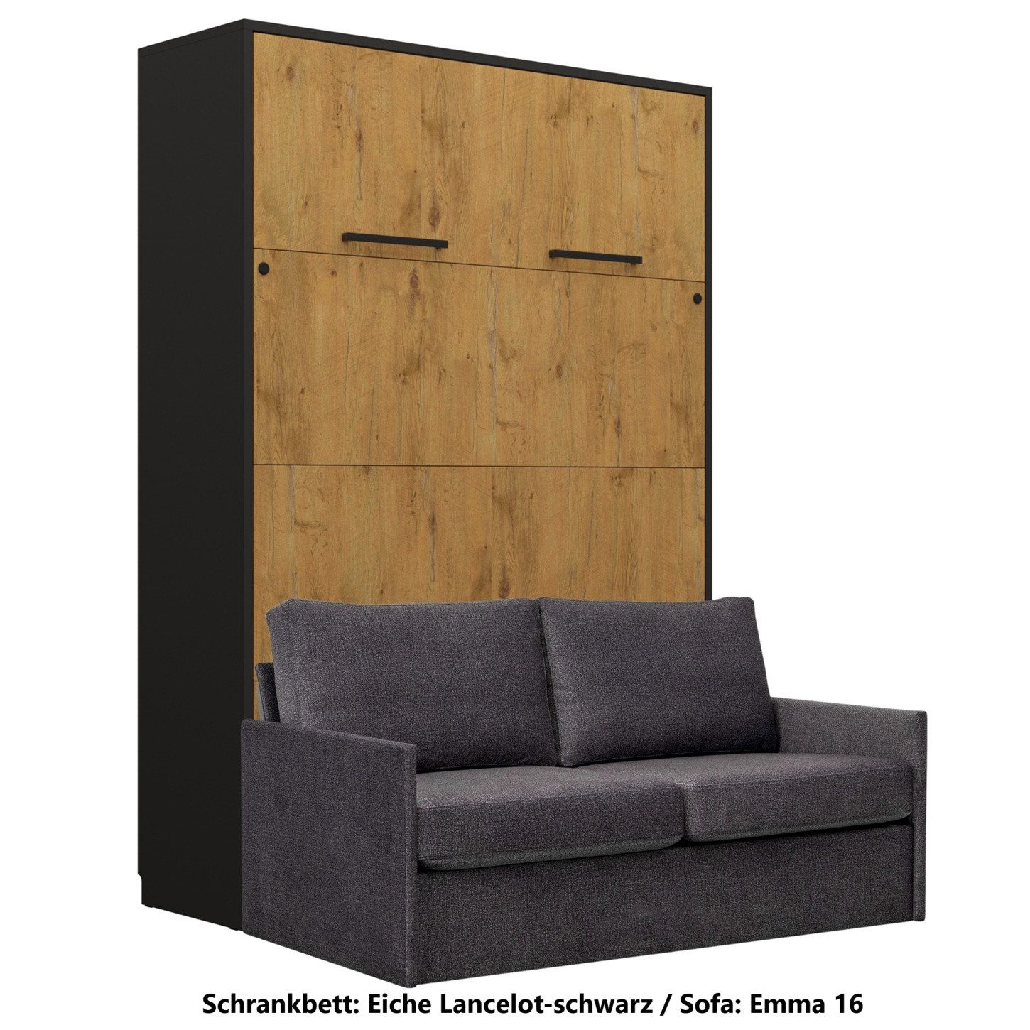 QMM TraumMöbel Schrankbett Wandbett GN140x200 eiche lancelot-schwarz mit LED & Sofa vertikal klappbar, mit LED-Beleuchtung mit Fernbedienung