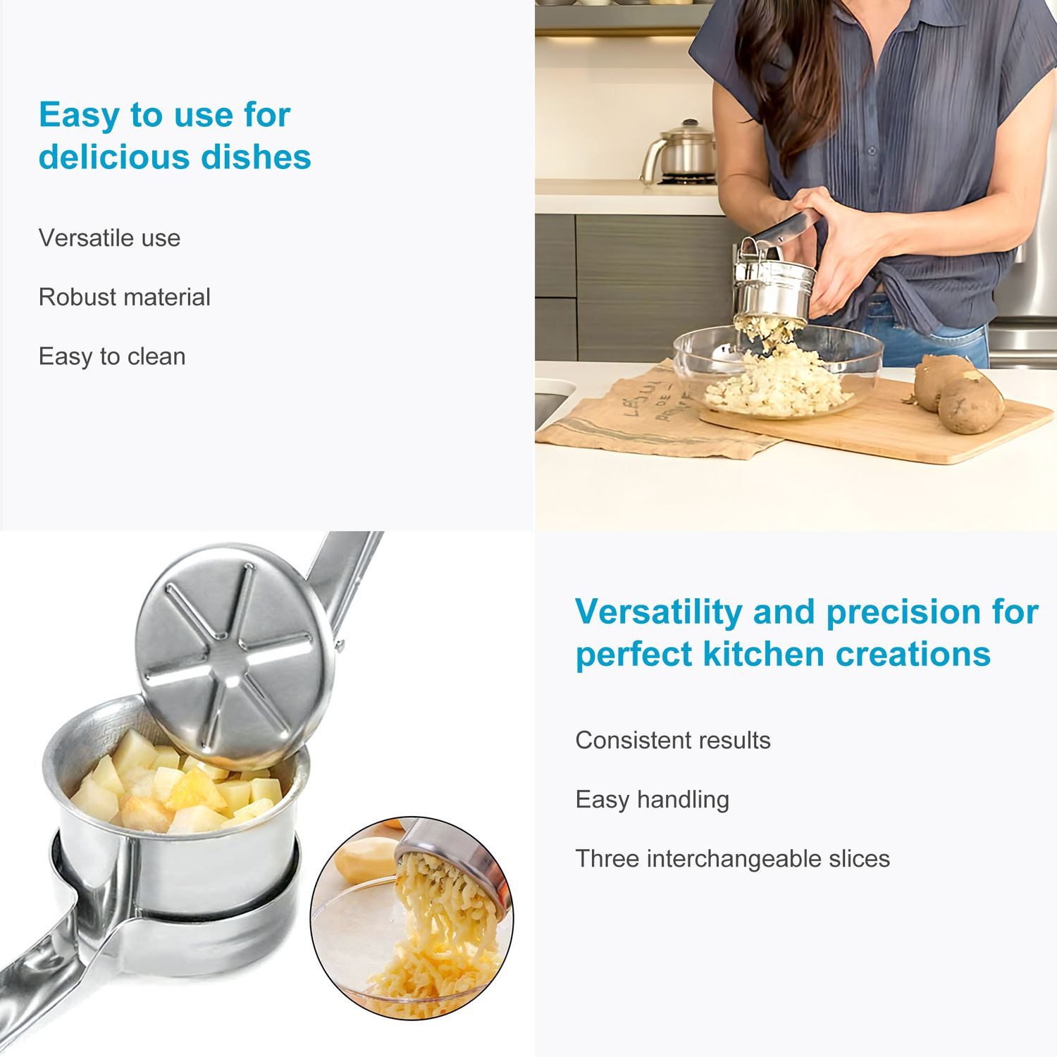 Intirilife Kartoffelpresse (1 St), Edelstahl, Edelstahl Kartoffelstampfer Spätzlepresse Silber