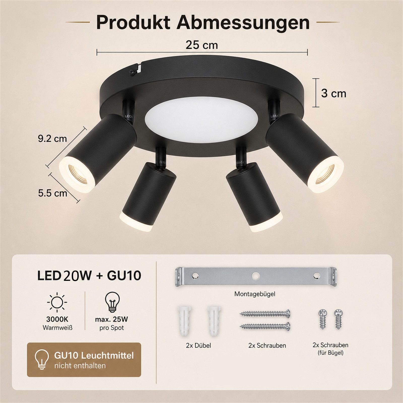ZMH Deckenstrahler 4 Flammig Quadratisch/Rund 20W Deckenleuchte 3000K GU10 Wohnzimmer, Einfache Installation, LED fest integriert, ohne Leuchtmittel, Warmweiß
