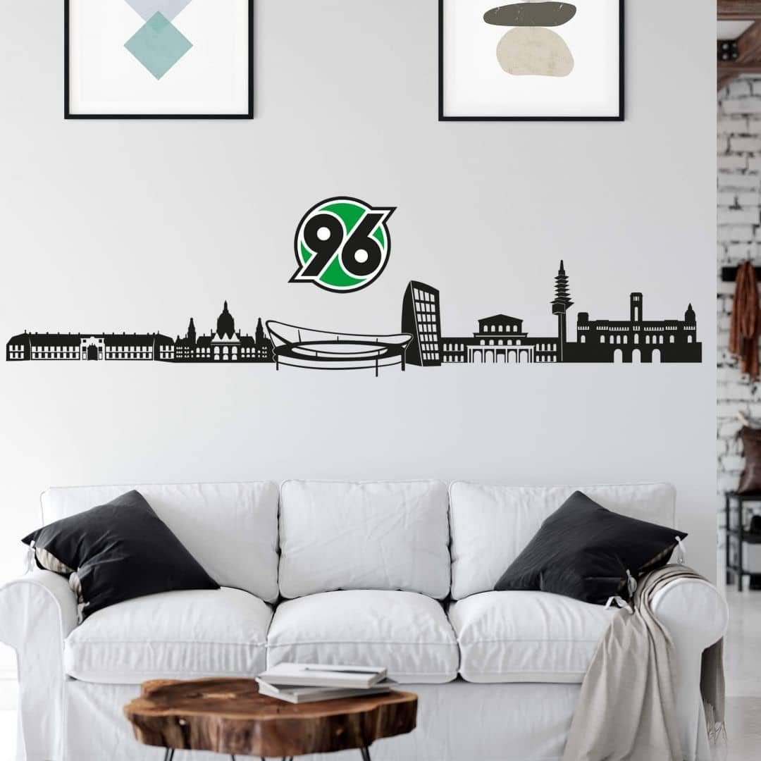 Hannover 96 Wandtattoo Fußball Wandtattoo Hannover 96 Stadt Skyline Schwarz Retro Deko Logo Rund, Wandbild selbstklebend, entfernbar