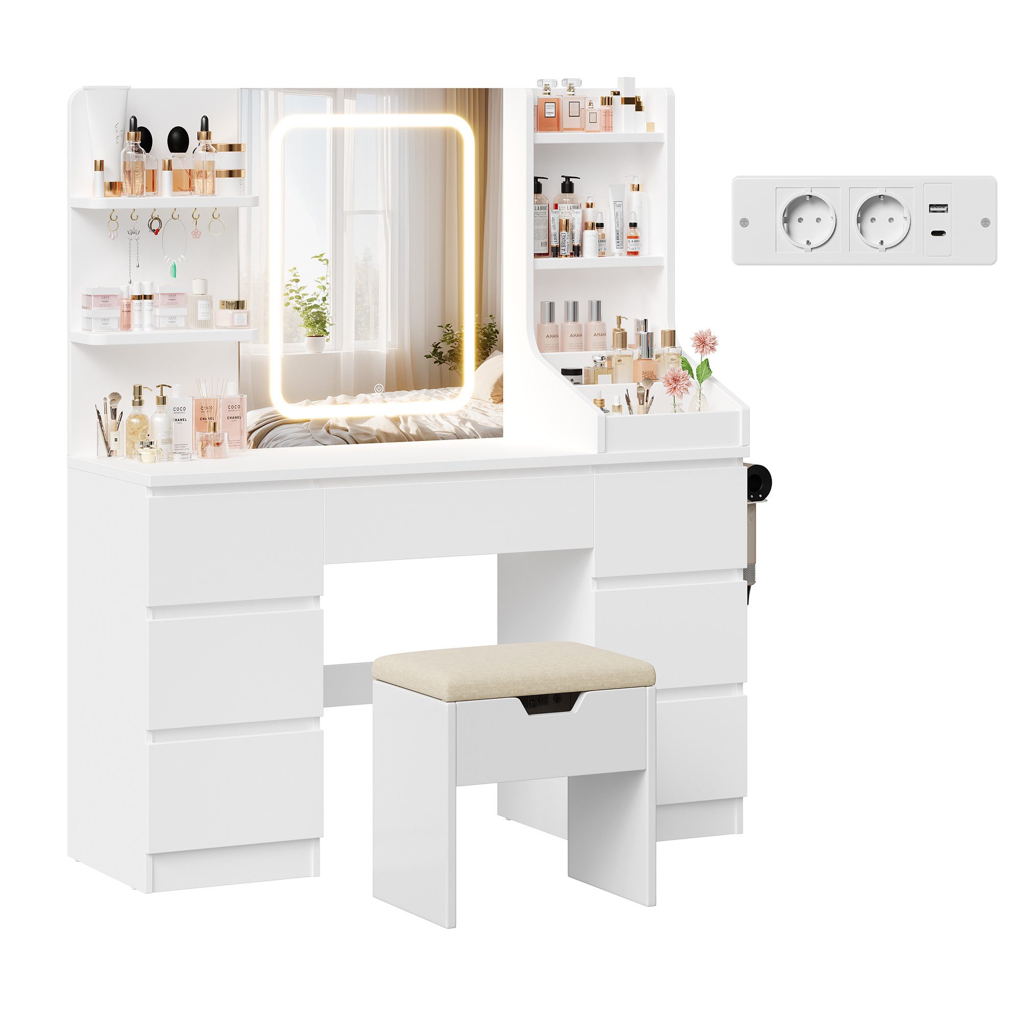 HOMALL Schminktisch Spiegel mit LED-Beleuchtung, 7 Schubladen (Maße: 110 × 40 × 139 cm, drei einstellbare Farbtemperaturen, mit 8 offenen Ablagefächern, 6 Schmu – Bild 2 von 5