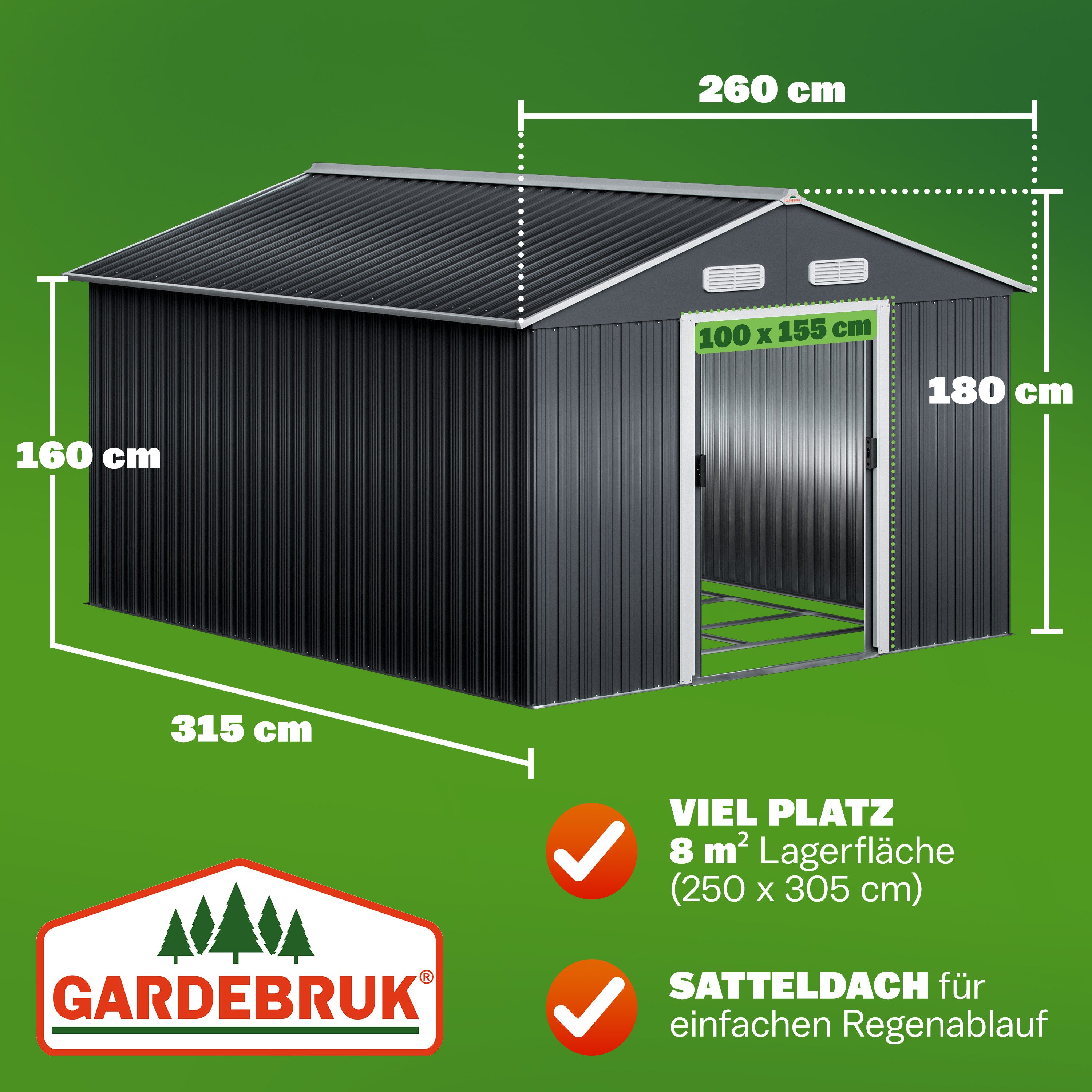 Gardebruk Gerätehaus, BxT: 312x257 cm, XXXL Metall 8m² mit Fundament 315x260x180cm Schiebetür Anthrazit
