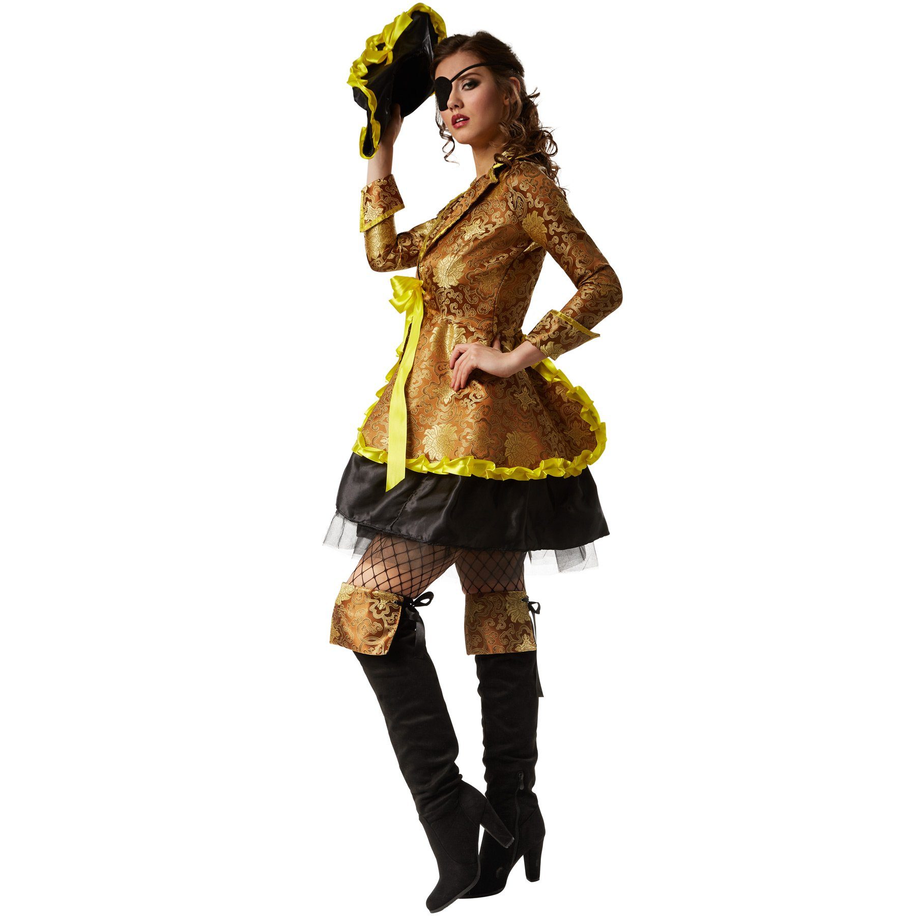 dressforfun Piraten-Kostüm Seeräuber/Freibeuter, in schwarz/gelb, Gr. XL, Kleid mit Schnürung, Tüllabschluss und transparenten Trägern, Stiefelstulpen mit Muster