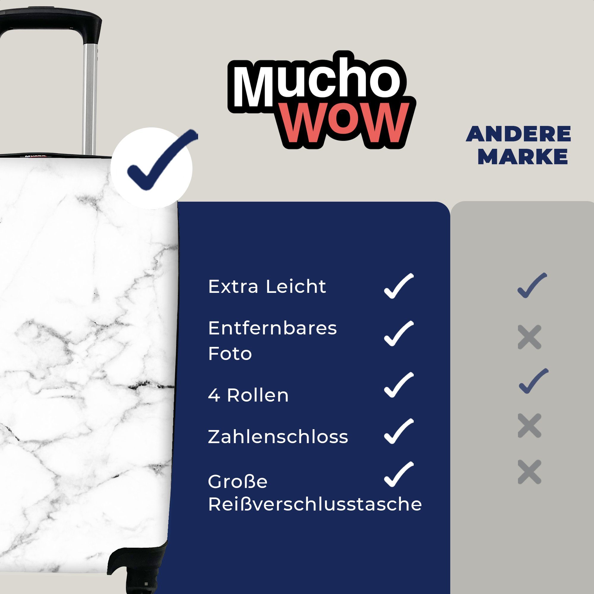 Marmoroptik - Reisetasche rollen, 4 Handgepäck - Weiß - Handgepäckkoffer Luxus Grau Marmor - Trolley, Strukturiert, - Reisekoffer mit Ferien, Rollen, MuchoWow für