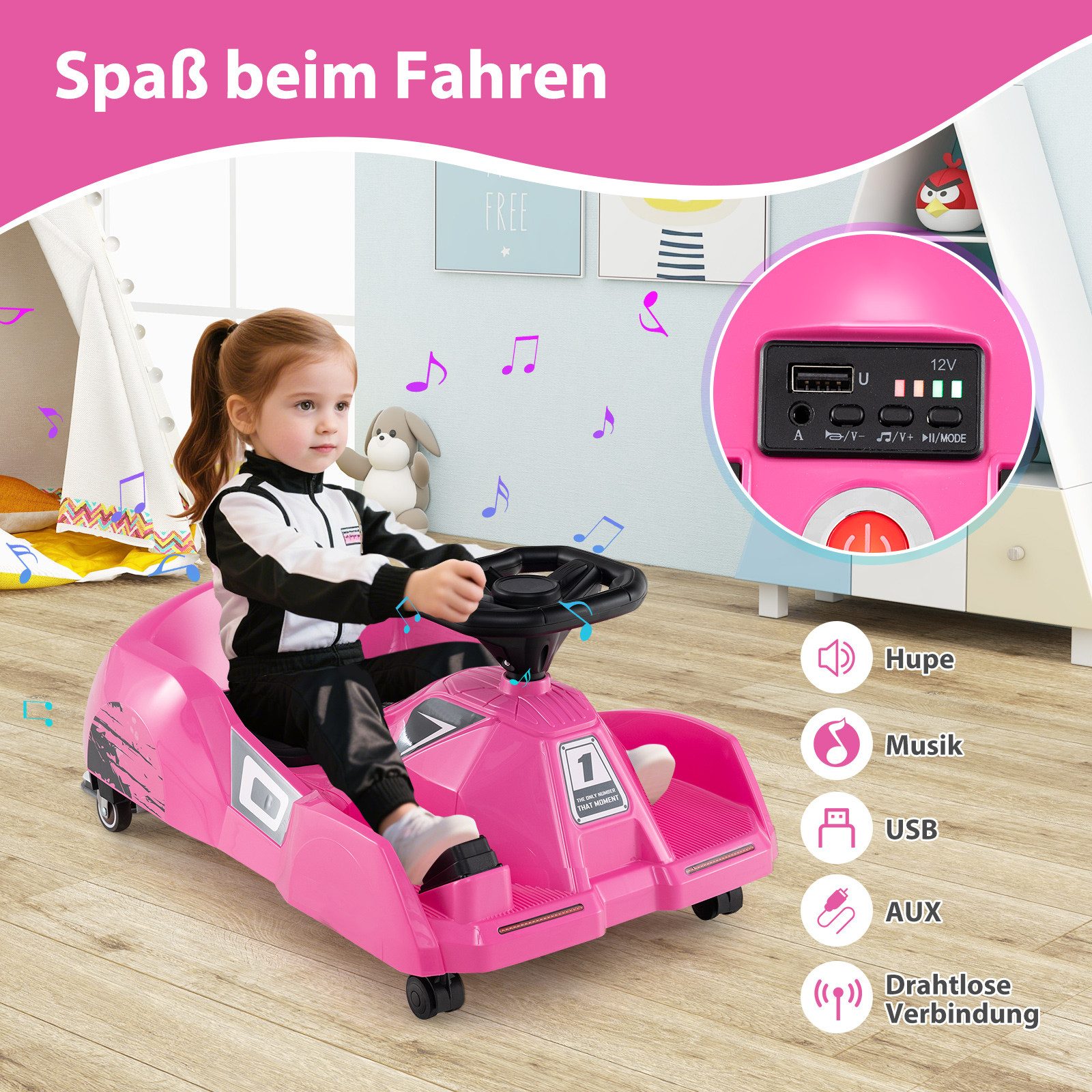 COSTWAY Go-Kart, Reinigungs Elektro-Kinderauto, mit abnehmbarem Mopp