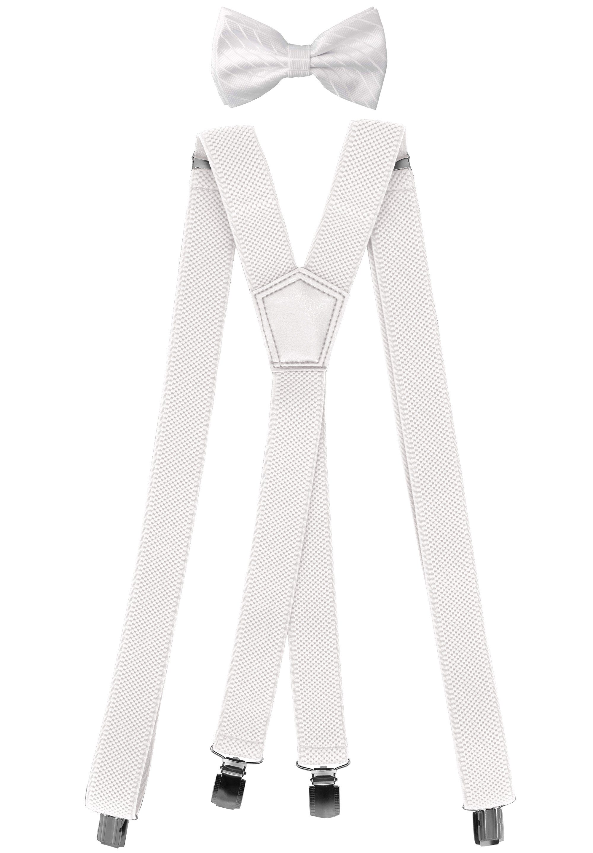 Fabio Farini Herren Streifen Set X-Form Hosenträger Struktur Hosenträger Fliege Weiß 3cm mit Fliege - Weiß Unifarben Pack passender Hosenträger 3cm