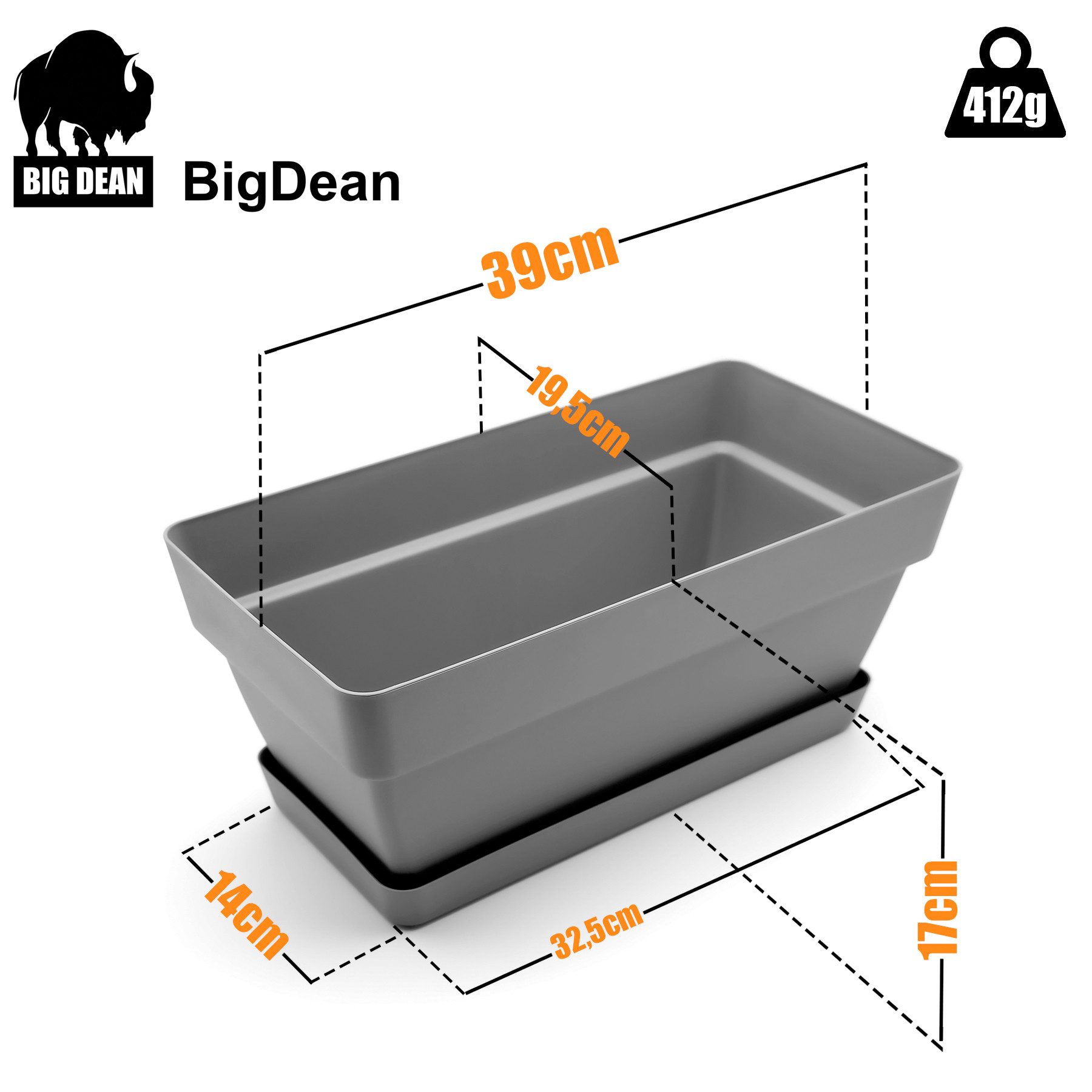 BigDean Blumenkasten 3er Set, Balkonkasten Bruchfester Kunststoff in edlem Anthrazit-Grau (Set, 3 St., Pflanzkasten + Untersetzer), 40cm, Witterungsfest, Indoor & Outdoor geeignet