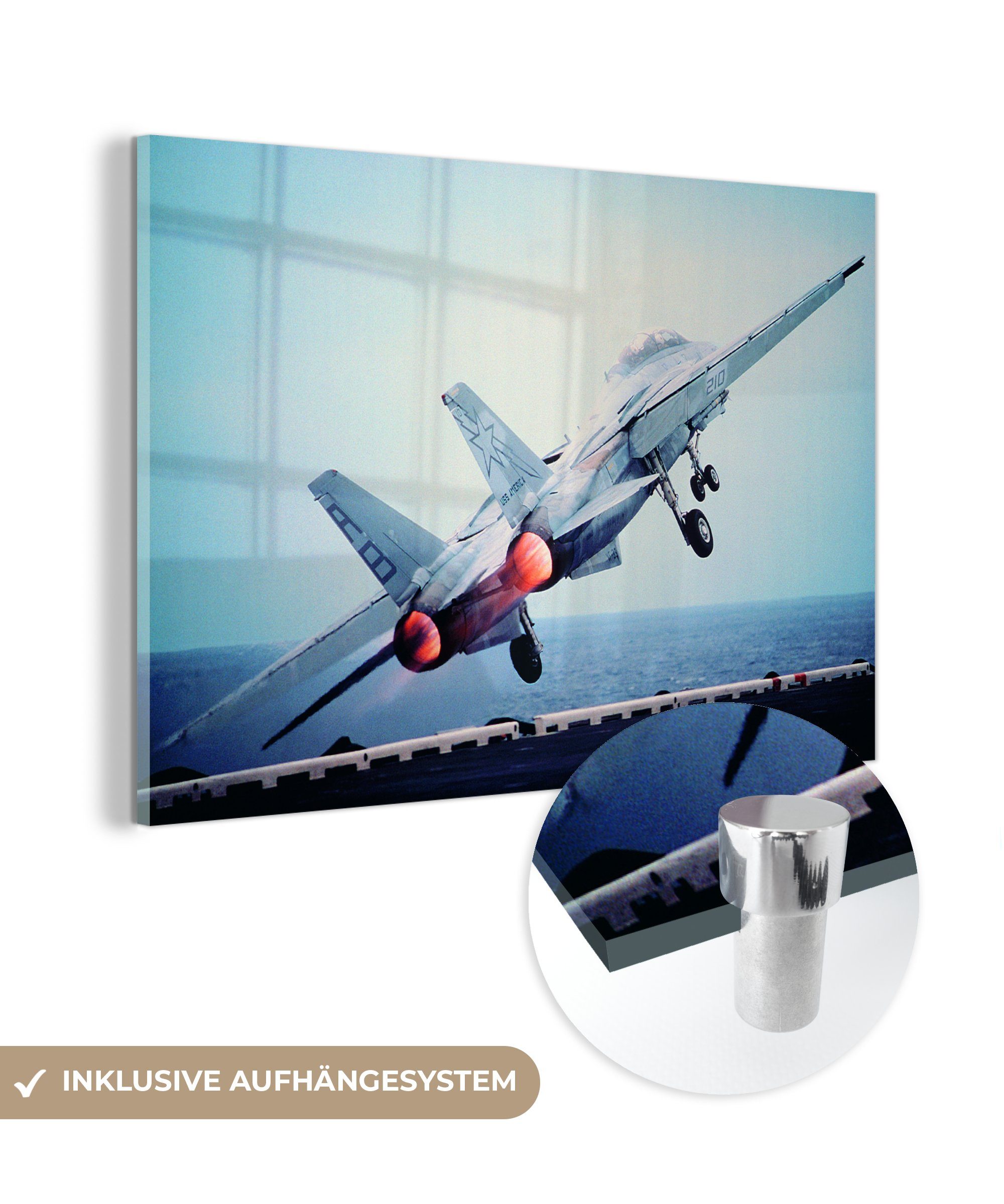MuchoWow Acrylglasbild Start eines Flugzeugs von einem Flugzeugträger, (1 St), Acrylglasbilder Wohnzimmer & Schlafzimmer