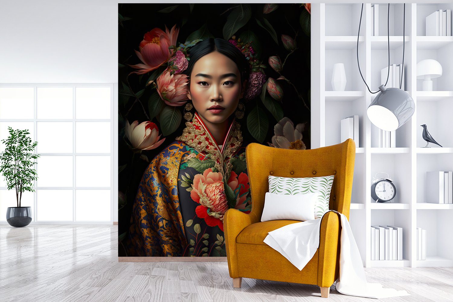 - Matt, - - Vinyl Wandtapete Kimono Blumen bedruckt, MuchoWow für (4 Fototapete Asiatisch - Tapete St), Wohnzimmer, Montagefertig Porträt, Frau