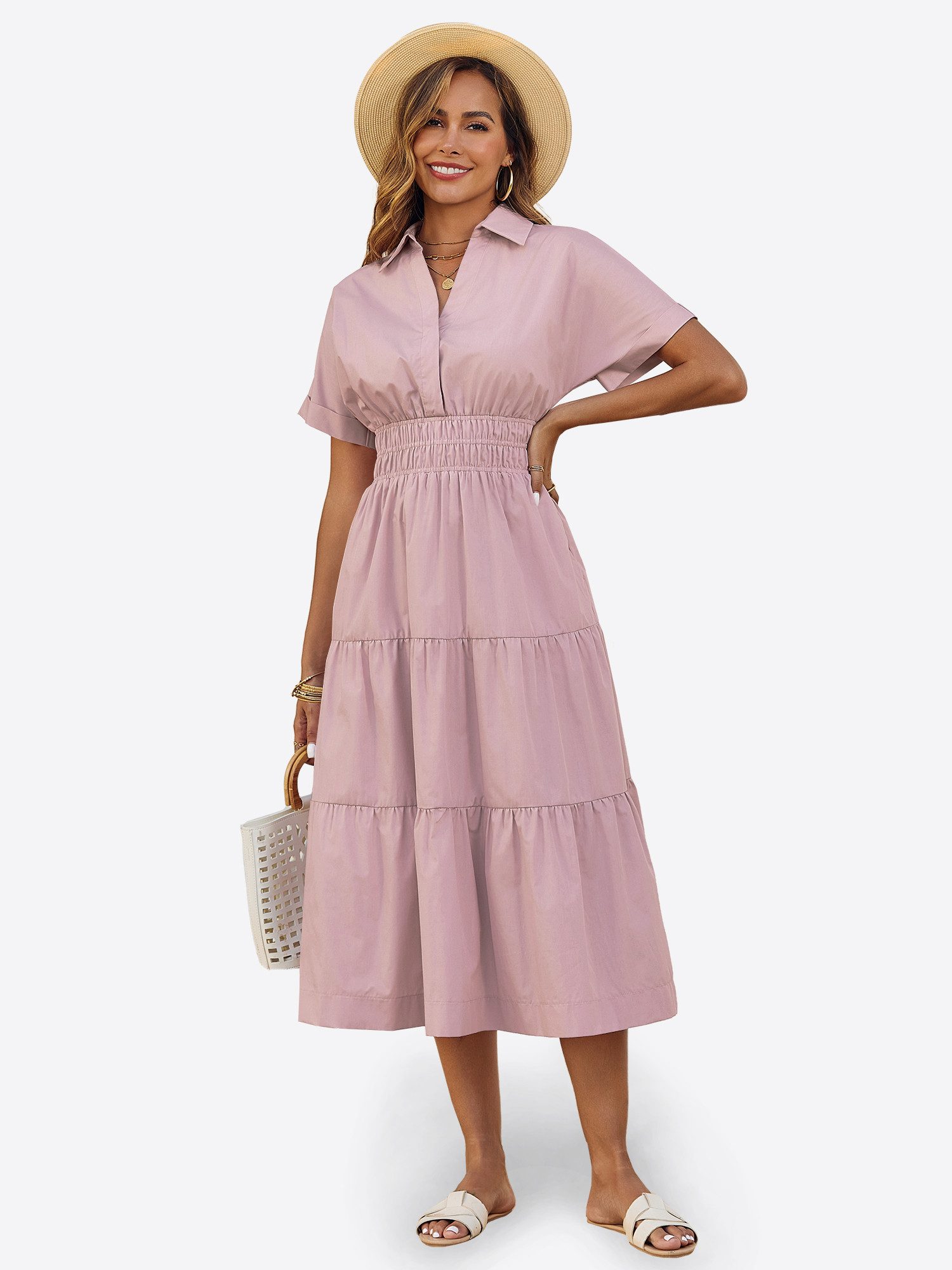 Imily Bela Maxikleid Damen Gerüschtes Fließendes Hemdkleid (Packung, 1-tlg., 1per-Pack) mit Taschen – Bild 5 von 5
