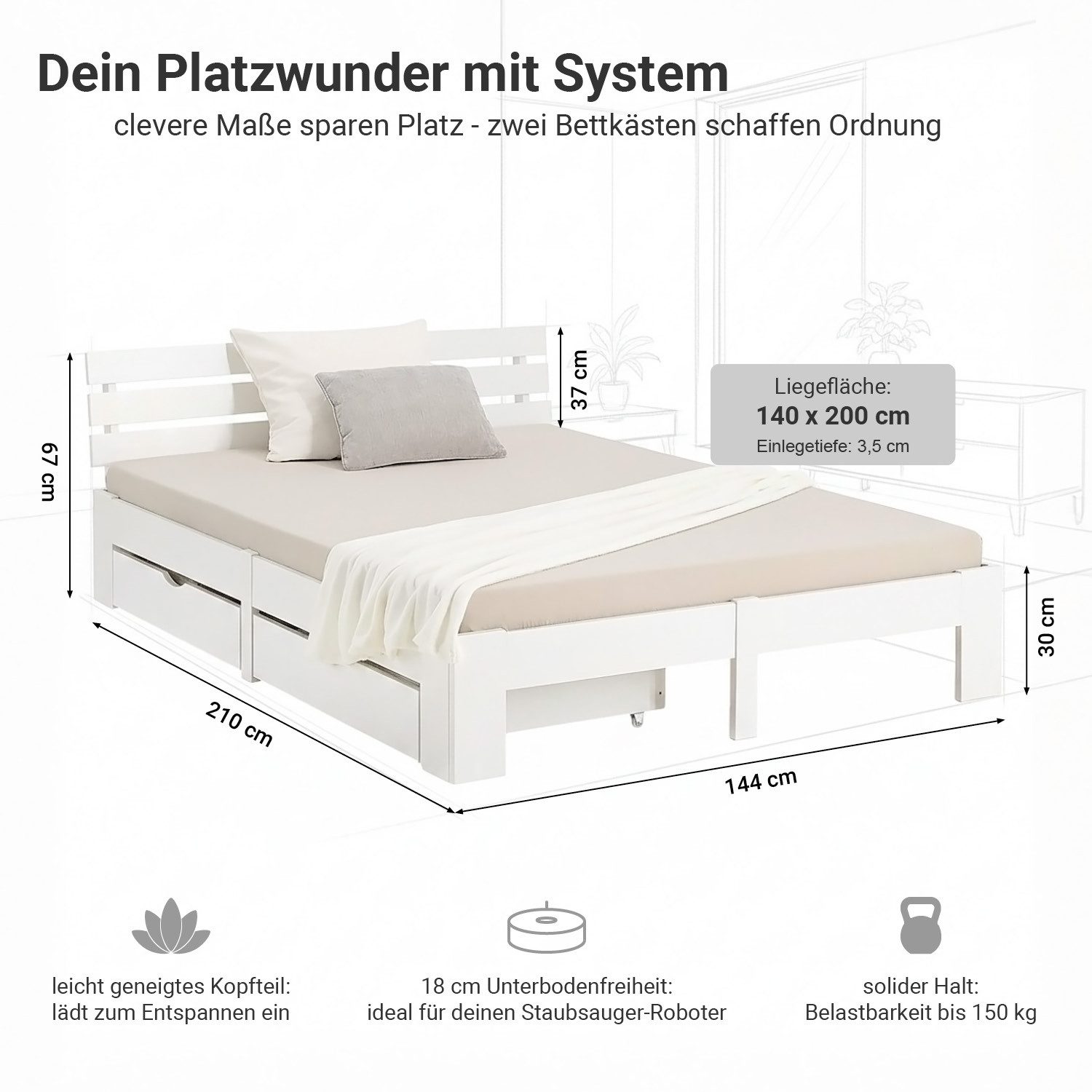 Homestyle4u Holzbett 90x200 140x200 160x200 180x200 Bettkasten Lattenrost Natur Weiß Grau (Set, Schublade), 140x200, Kiefer, mit Stauraum, Weiß, schlicht