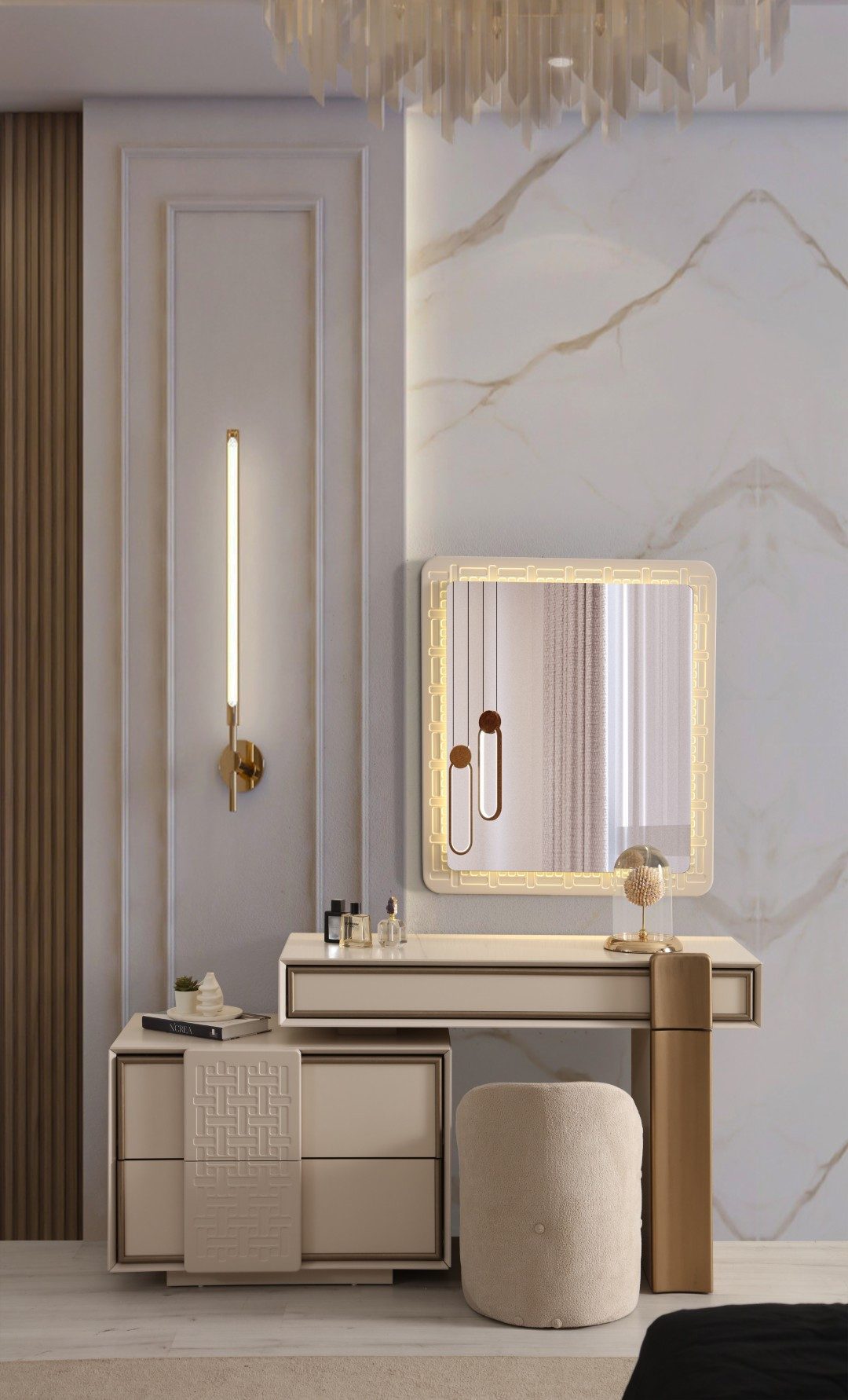 JVmoebel Schminktisch Beiger Schminktisch Luxuriöser Spiegel Schlafzimmer Set