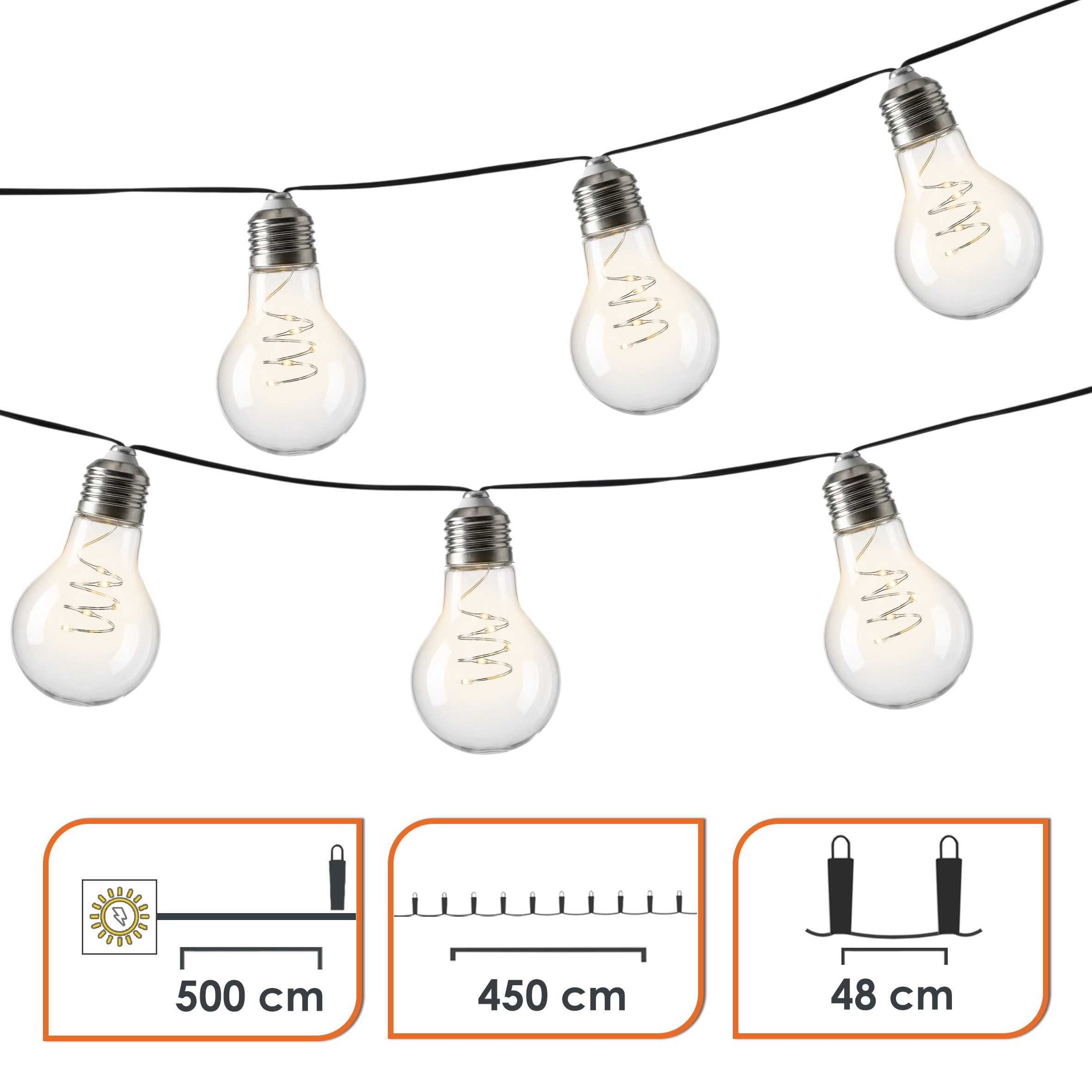 Spetebo LED-Lichterkette LED Solar Lichterkette mit 10 Glühbirnen auf 450 cm mit 2 Leuchtmodi, 10-flammig, Automatische Einschaltung bei Dämmerung