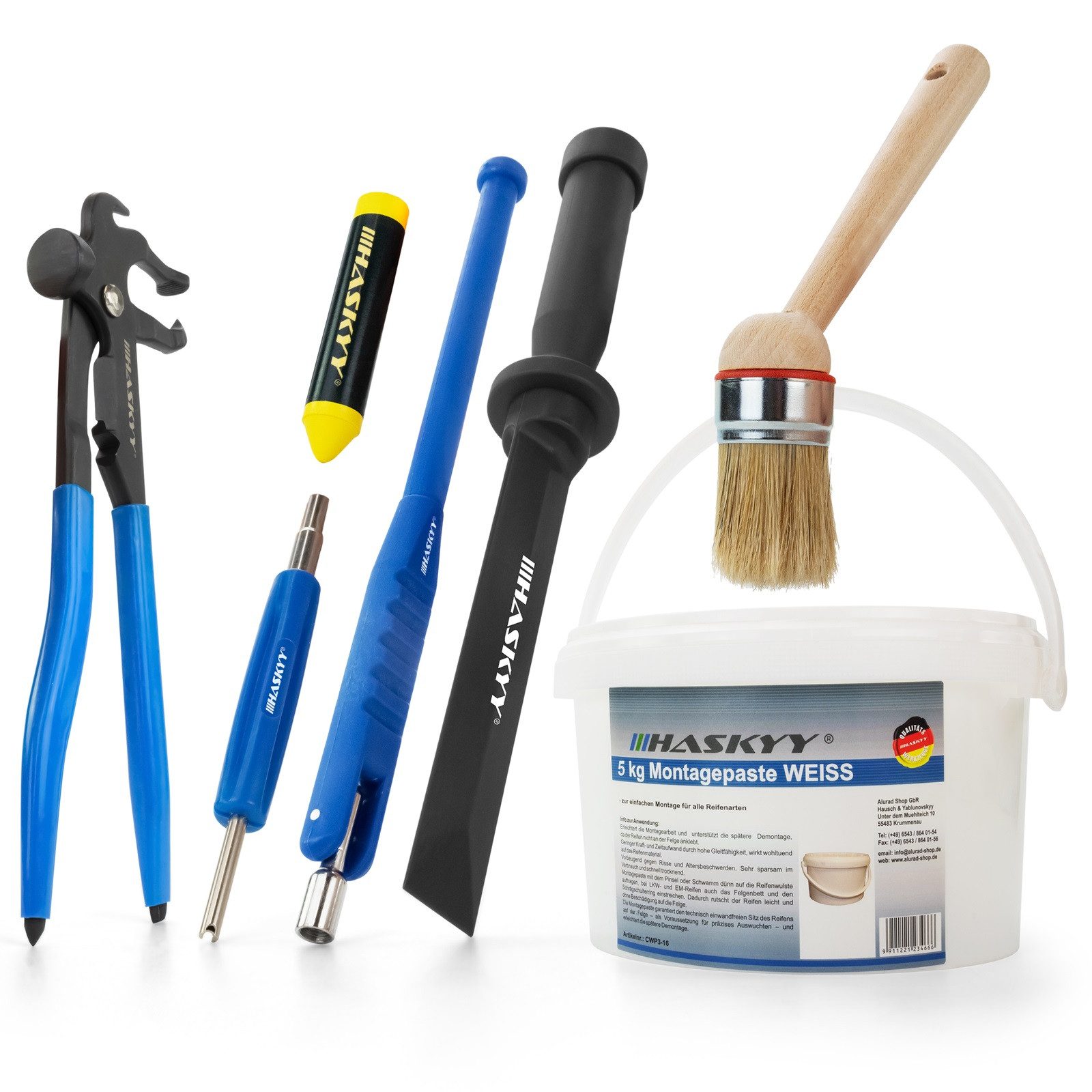 HASKYY Montagepaste Weiss 5kg Reifenmontagepaste Set mit Pinsel Ventil Schaber Fettkreide