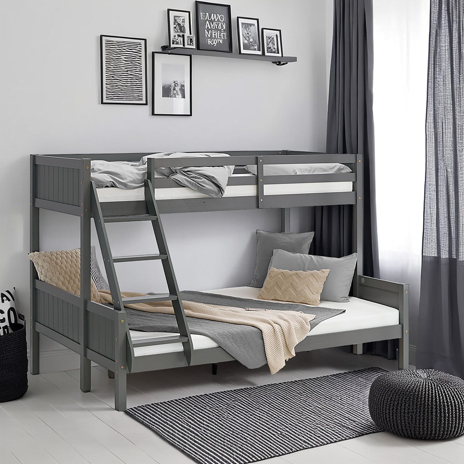Homestyle4u Etagenbett 90x200 und 140x200 Kinderbett Holz 2 Kinder Massiv mit Rausfallschutz (Set, mit Lattenrost, mit Lattenrost), Grau, mit Leiter