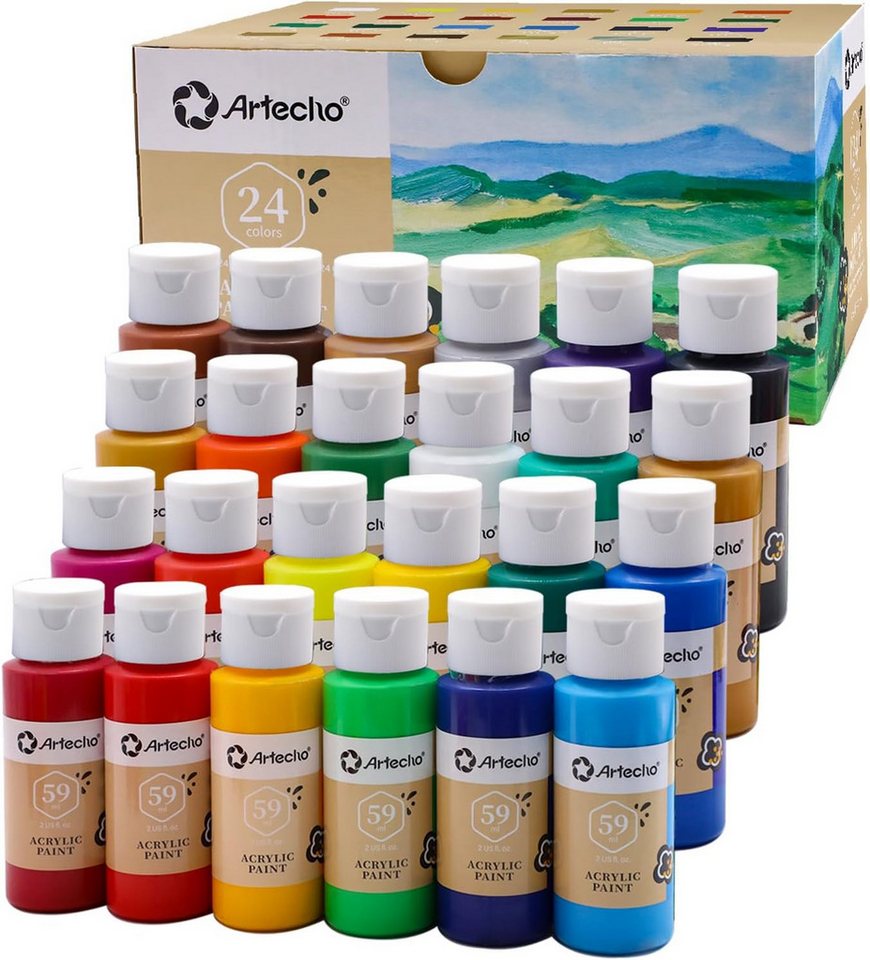 Artecho Acrylfarbe Set - 18 / 24 /48 wasserfeste Farben, je 59 ml mit Klappverschluss, für Papier, Ton, Holz, Stein – zum Reisen, Malen & Freude verschenken