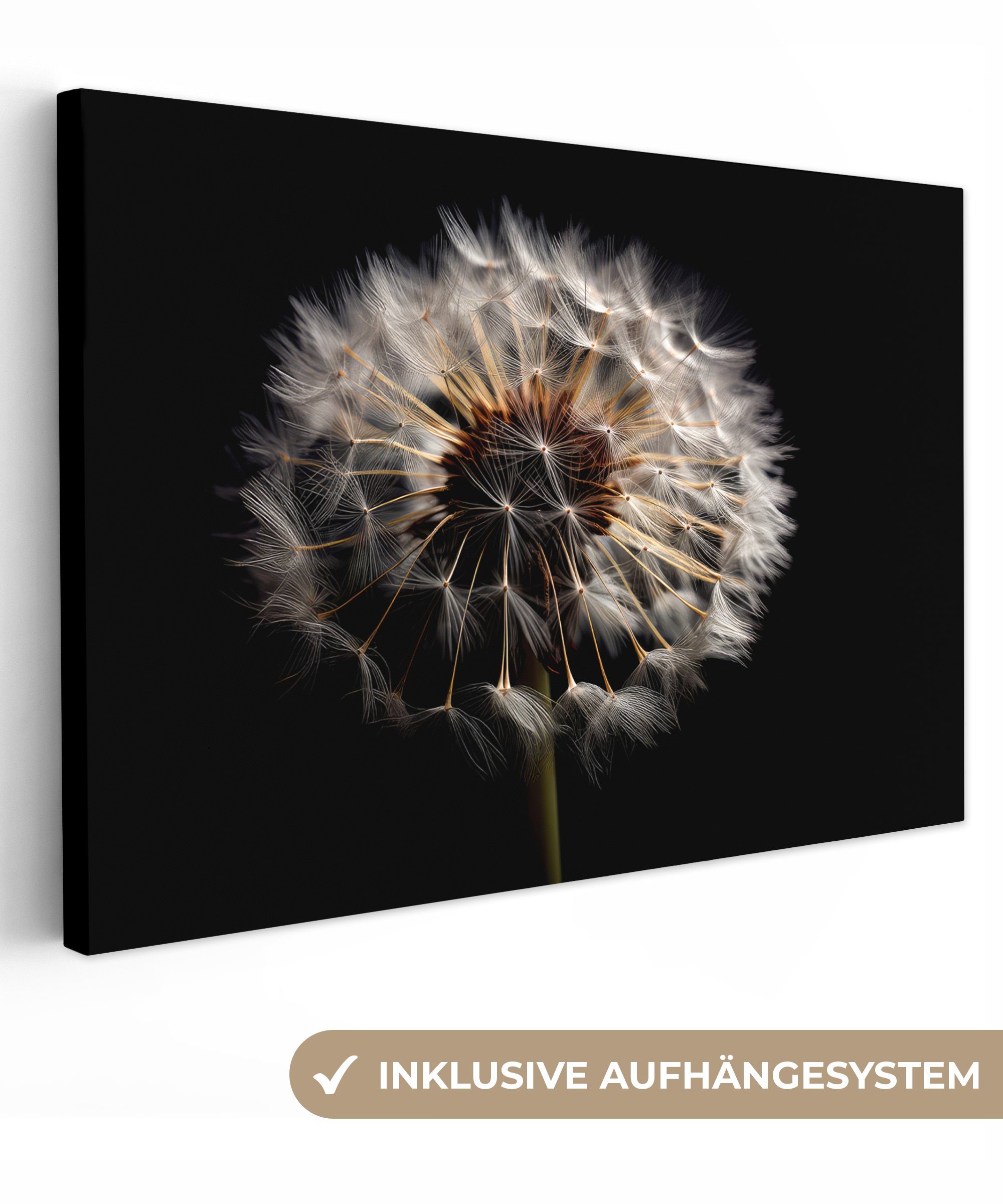OneMillionCanvasses® Leinwandbild Blumen - Natur - Löwenzahn - Schwarz - Porträt, (1 St), Wandbild Leinwandbilder, Aufhängefertig, Wanddeko, 30x20 cm