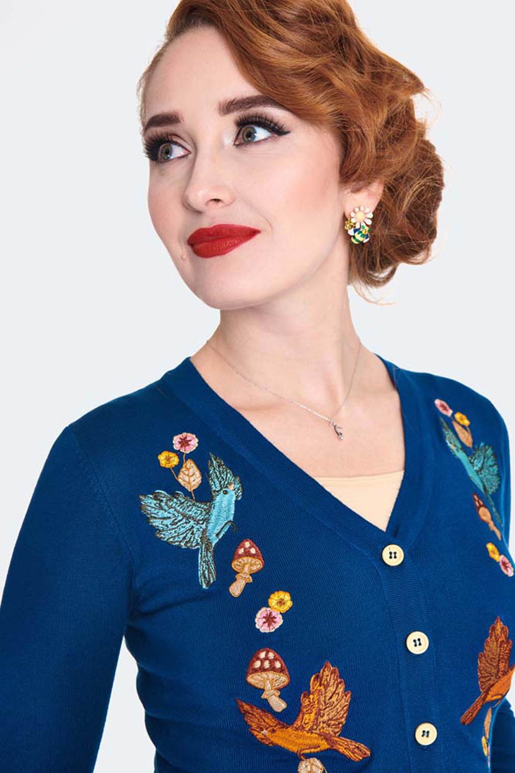 Voodoo Vixen Strickjacke Blue Woodland Cardigan Retro Vintage Blumen Vögel Pilze – Bild 4 von 5