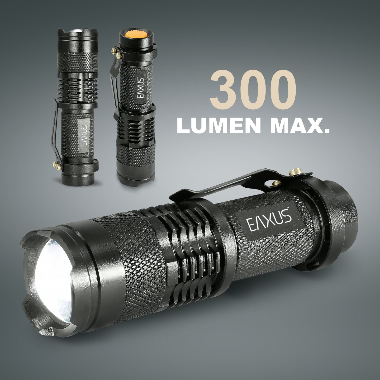 EAXUS LED Taschenlampe Taschenlampe Glow-X Profi Minitaschenlampe mit Clip (1-St), mit Clip zur Befestigung, 3 Leuchtmodi, Blink-Funktion, Zoom-Funktion
