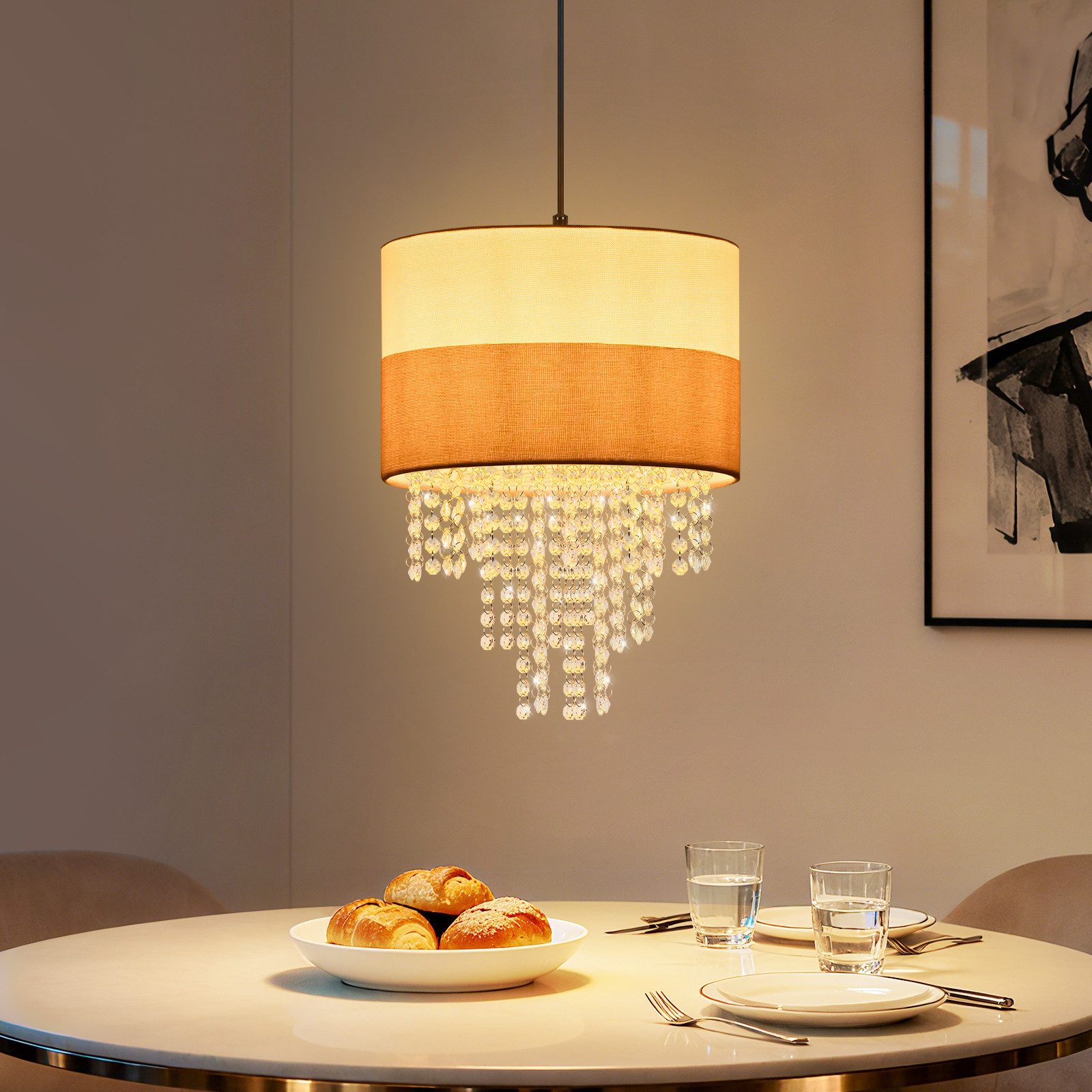 Nettlife Hängeleuchte Kristall Pendellampe mit 1x E27 Fassung Retro Design mit Stoffschirm, Höhenverstellbar, LED wechselbar, für Schlafzimmer Esstisch Wohnzimmer Esszimmer