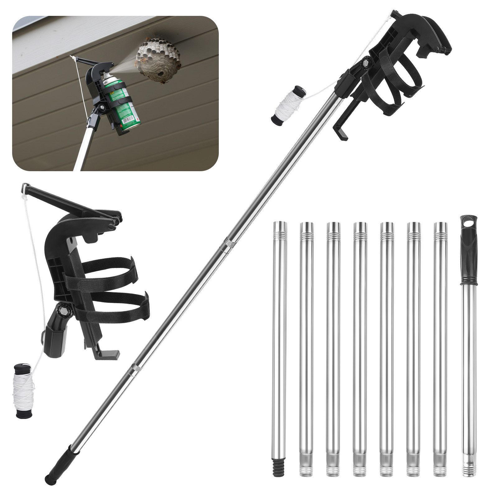 QUBEBU Gartenspritze Einstellbarer Sprühdosenhalter Spraydosen Verlängerungsstangen, 295 cm lang, (Set, 1-St., Lieferumfang: 1 x Sprühdosen-Adapter, 8 x Verlängerungsstange,1 x Seil)