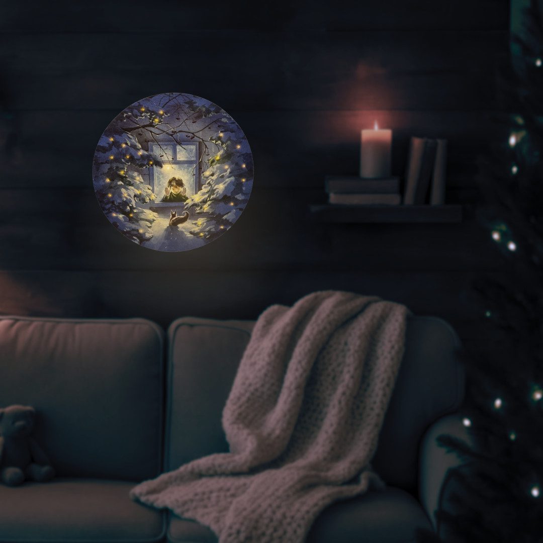 abc HOME Wanddekoobjekt Wandbild Junge am Fenster, Winter, LEDs, 30 cm Ø