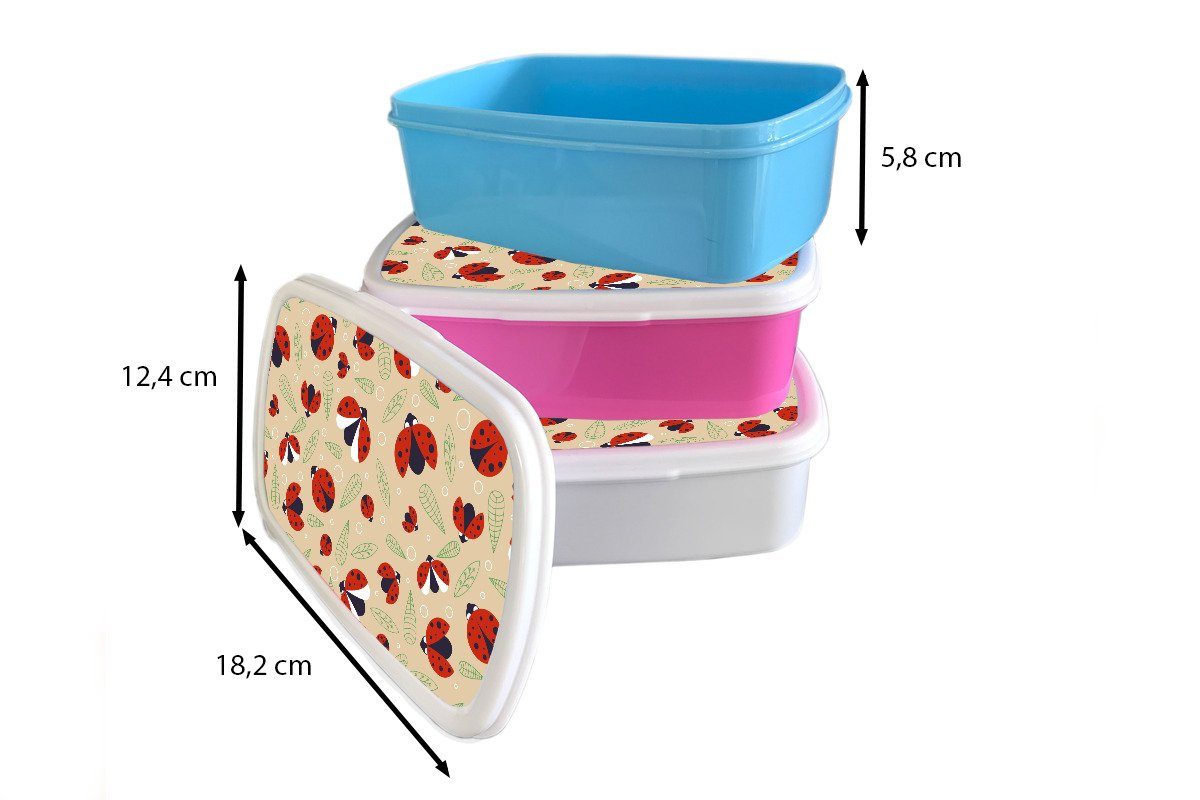 Brotbox Brotdose, Design, Jungs weiß Erwachsene, (2-tlg), MuchoWow - für Lunchbox Marienkäfer und und Kunststoff, Mädchen für Kinder Blätter -