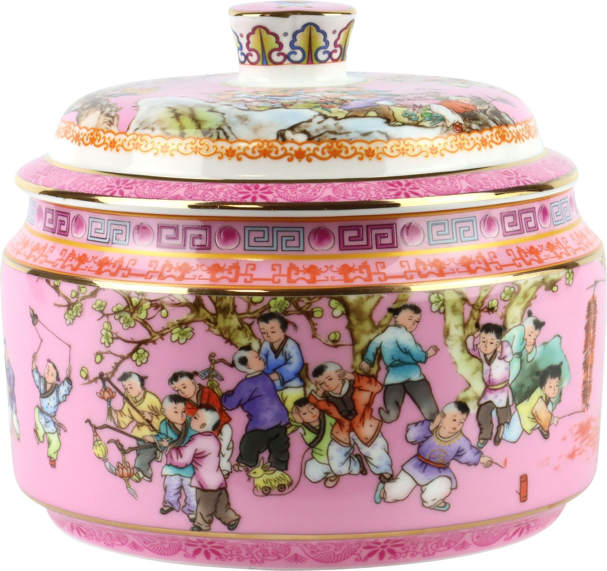 FURNARO Aufbewahrungsdose, Objektdose chinesisches Design rosa Porzellan handbemalt Ø17 cm