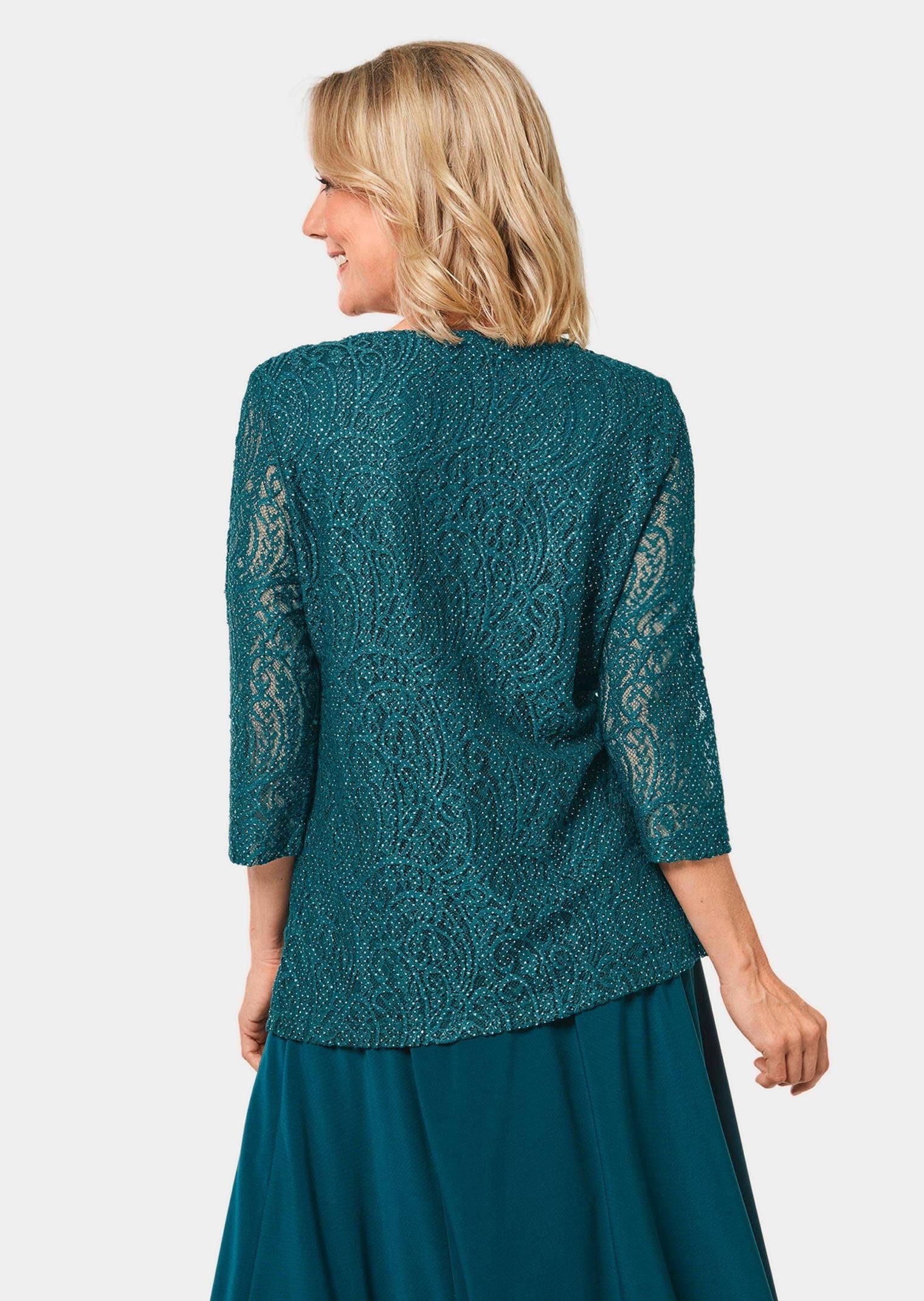 GOLDNER Klassische Bluse Kurzgröße: Elegantes Blusenshirt mit Glanzeffekt Viskosebluse mit Spitze, Rundhals und 3/4-Arm