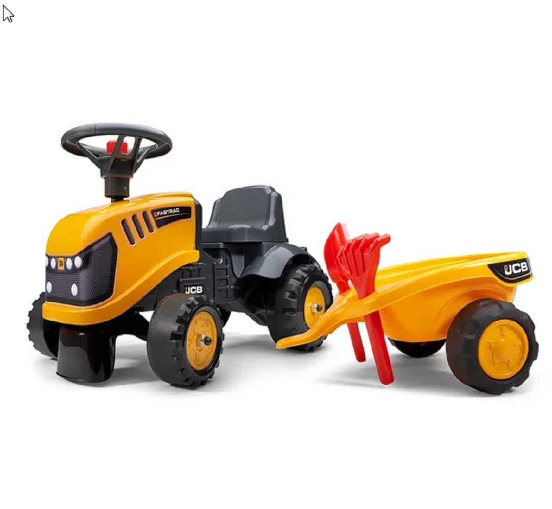 Trettraktor Falk F215C JCB Baby-Aufsitztraktor mit Anhänger, Harke & Schaufel