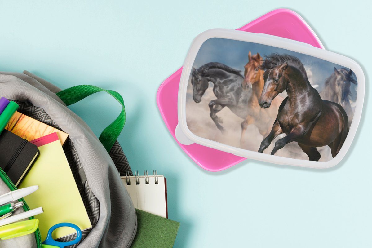MuchoWow Lunchbox Pferde - Wüste, für Brotdose Snackbox, - Kunststoff, Kunststoff Stoff Brotbox Mädchen, Erwachsene, rosa Kinder, (2-tlg)