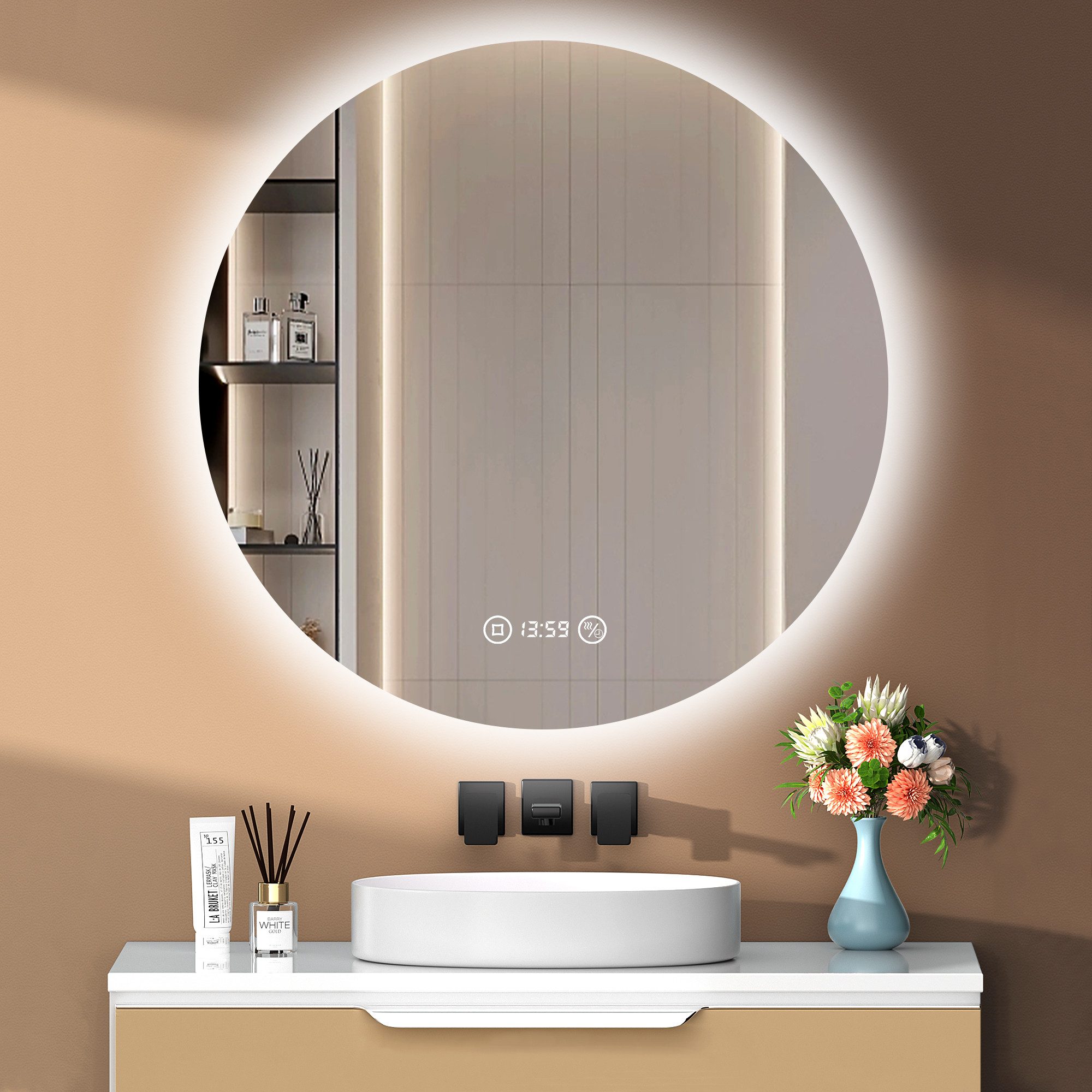 PESENXAN Badspiegel mit Beleuchtung, Runder LED-Badezimmerspiegel günstig online kaufen