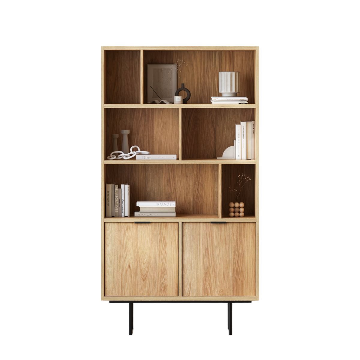 Compleo Bücherregal japandi mit zwei Türen, Schwarz Metallfüße COLGO