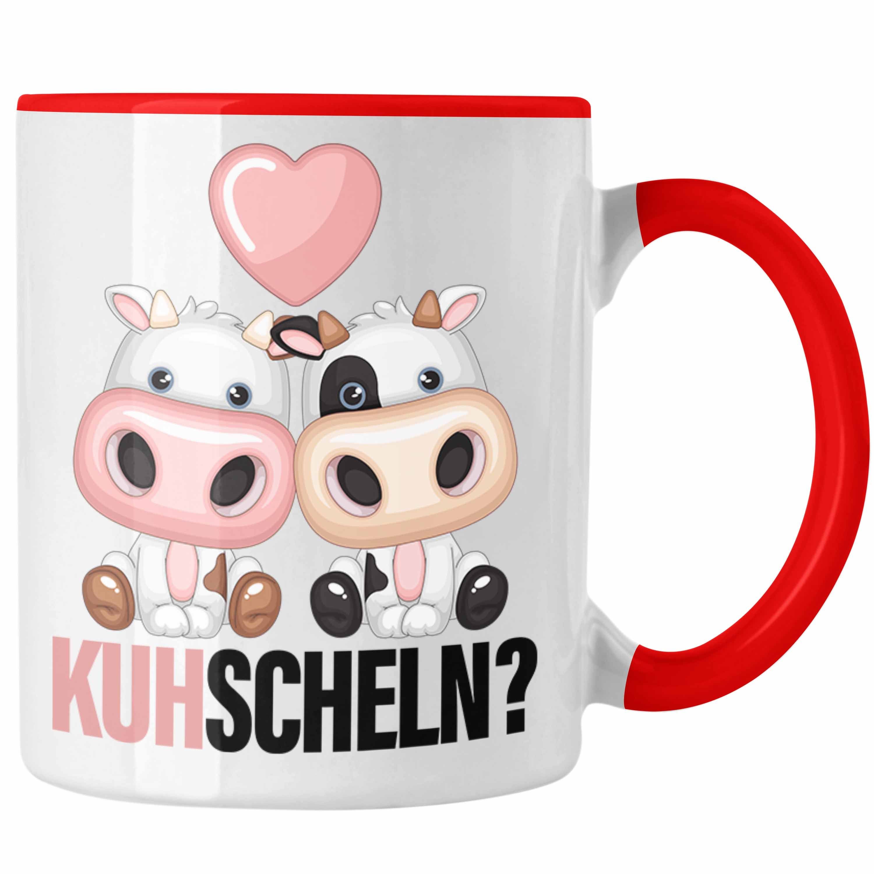 Trendation Tasse Kuhscheln Tasse Geschenk Kuh Tierliebhaber Geschenkidee Freundin Kusch Rot