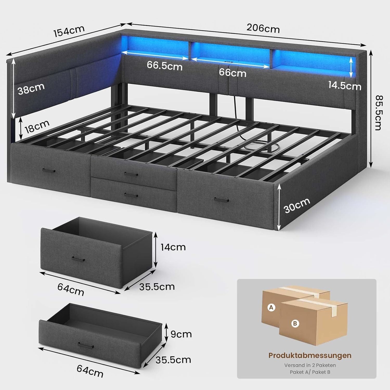 MSMASK Polsterbett Schlafsofa mit LED-Beleuchtung & Ladestation, Einzelbett, Daybett (Ohne Matratze), Jugendbett mit 4 Schubladen, ohne Matratze, 140x200 cm