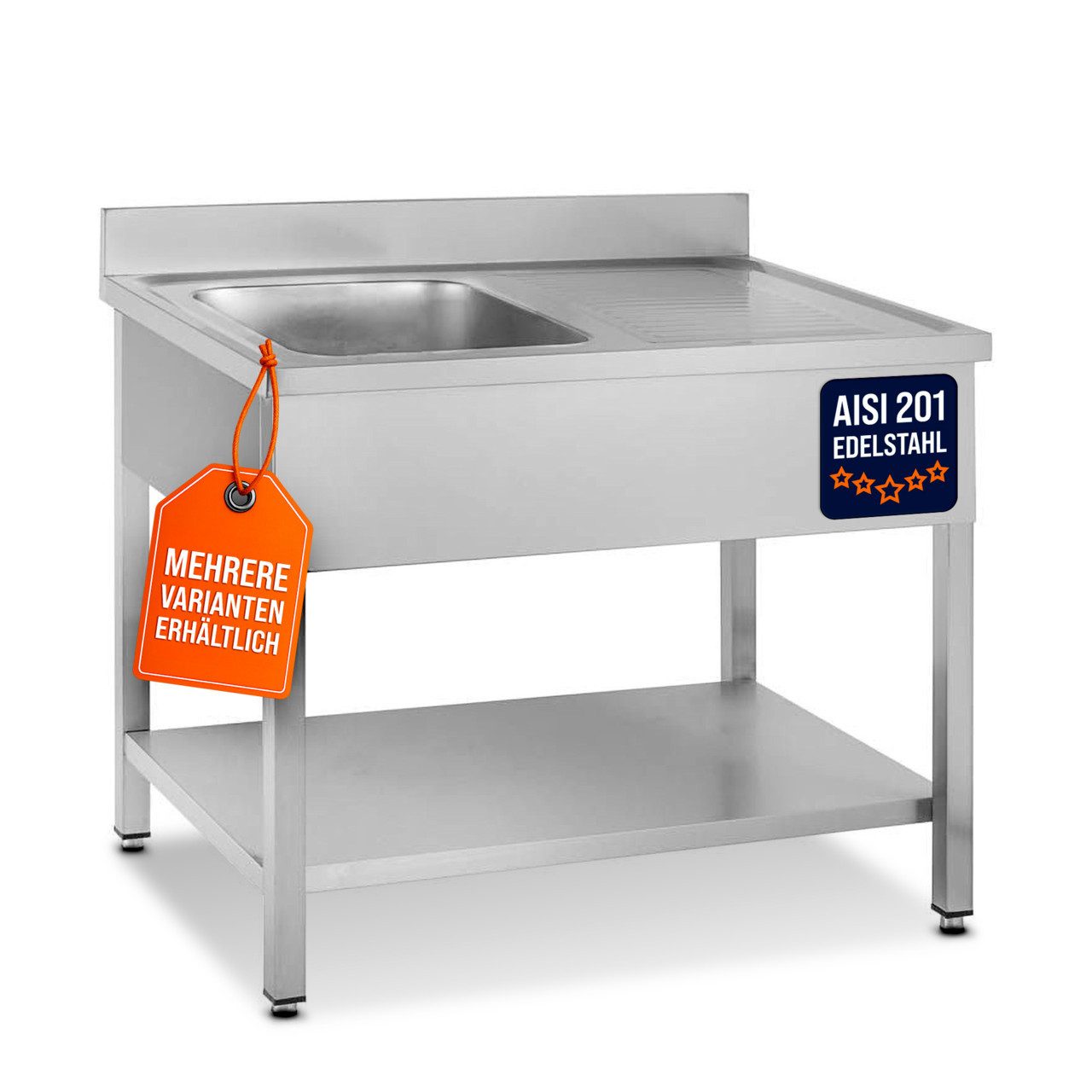 GastroHero Arbeitstisch Spültisch 100x60 cm - Edelstahl mit Becken - Gastro - Spüle, AISI201-Edelstahl, Grundboden, nach Hygienerichtlinien produziert