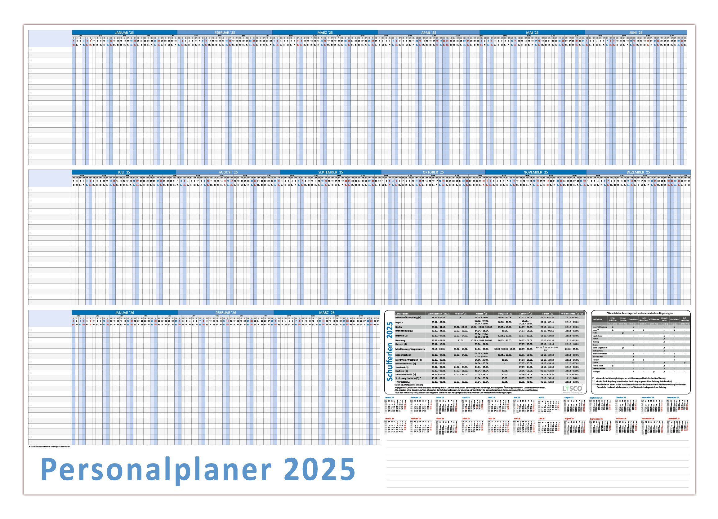 LYSCO Urlaubsplaner Personalplaner 2025 DIN B1 Format (1000 x 700 mm
