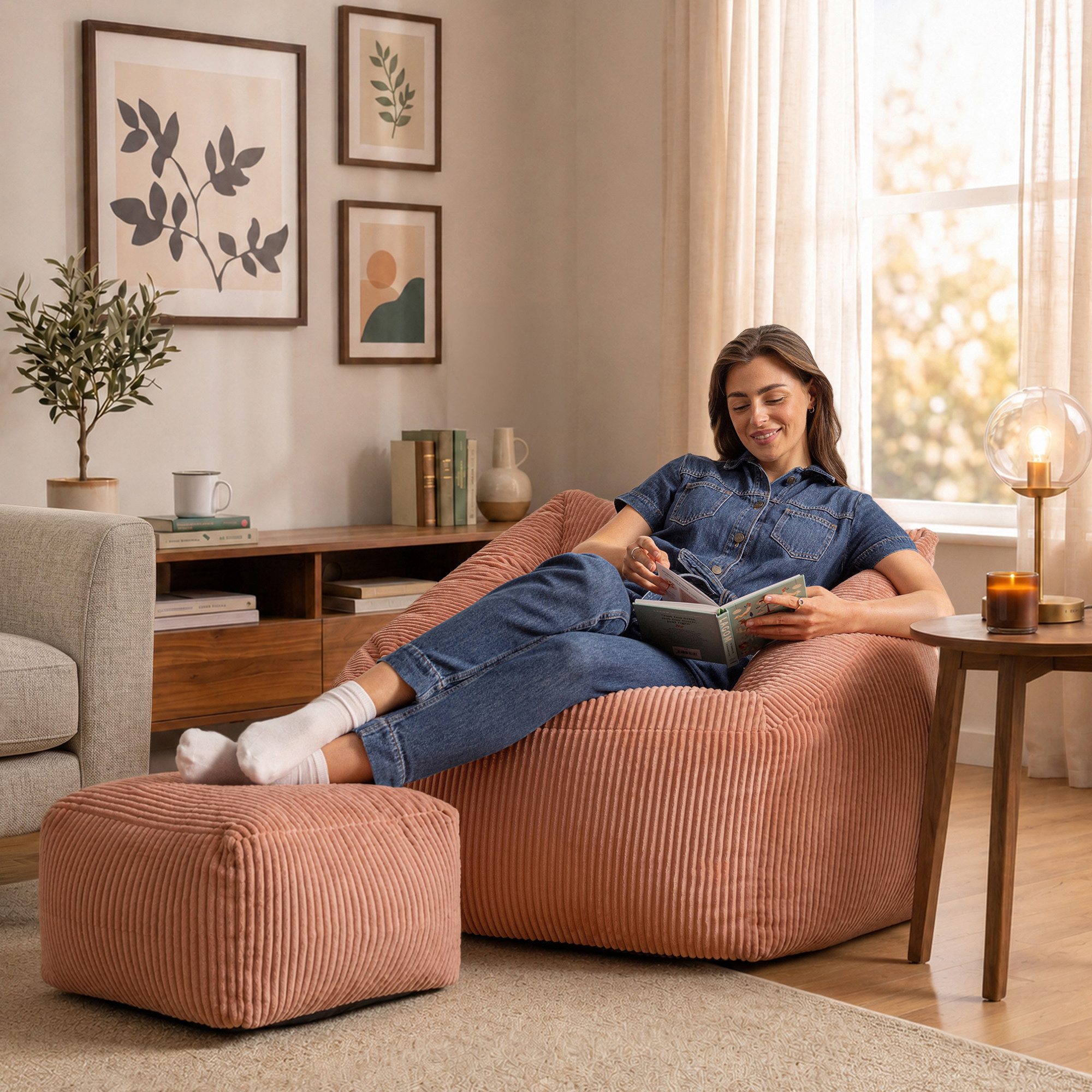 icon Sitzsack Riesen Sessel aus Cord Flauschig „Natalia" mit Hocker (Spar-Set, 1 x Sitzsack-Sessel, 1 x Fußhocker), Sitzsack XXL, Made in Germany, für Erwachsene & Kinder, für Wohnzimmer