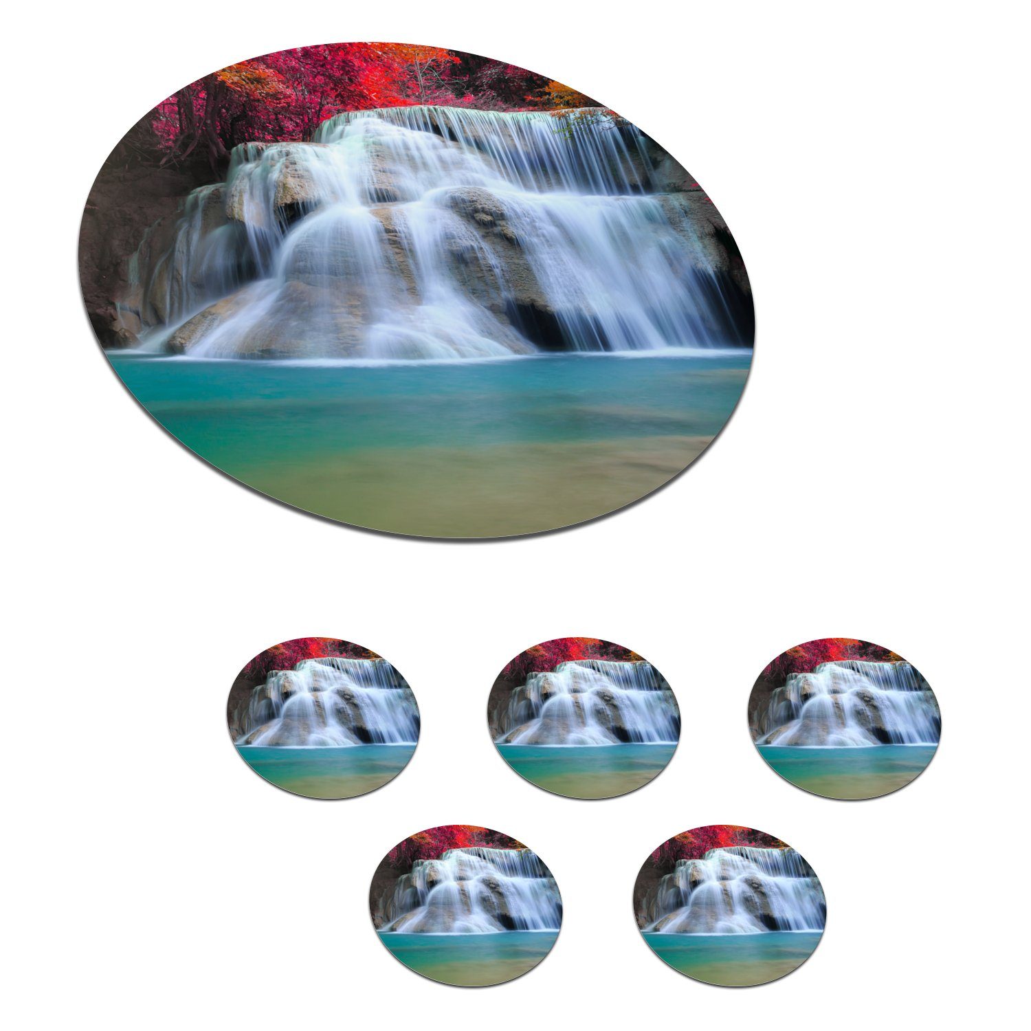 MuchoWow Becher Wasserfall - Getränkeuntersetzer, Rot Bäume - Landschaft - Zubehör für Glasuntersetzer - Tassenuntersetzer, Tasse, Gläser, Natur, 6-tlg., Korkuntersetzer,