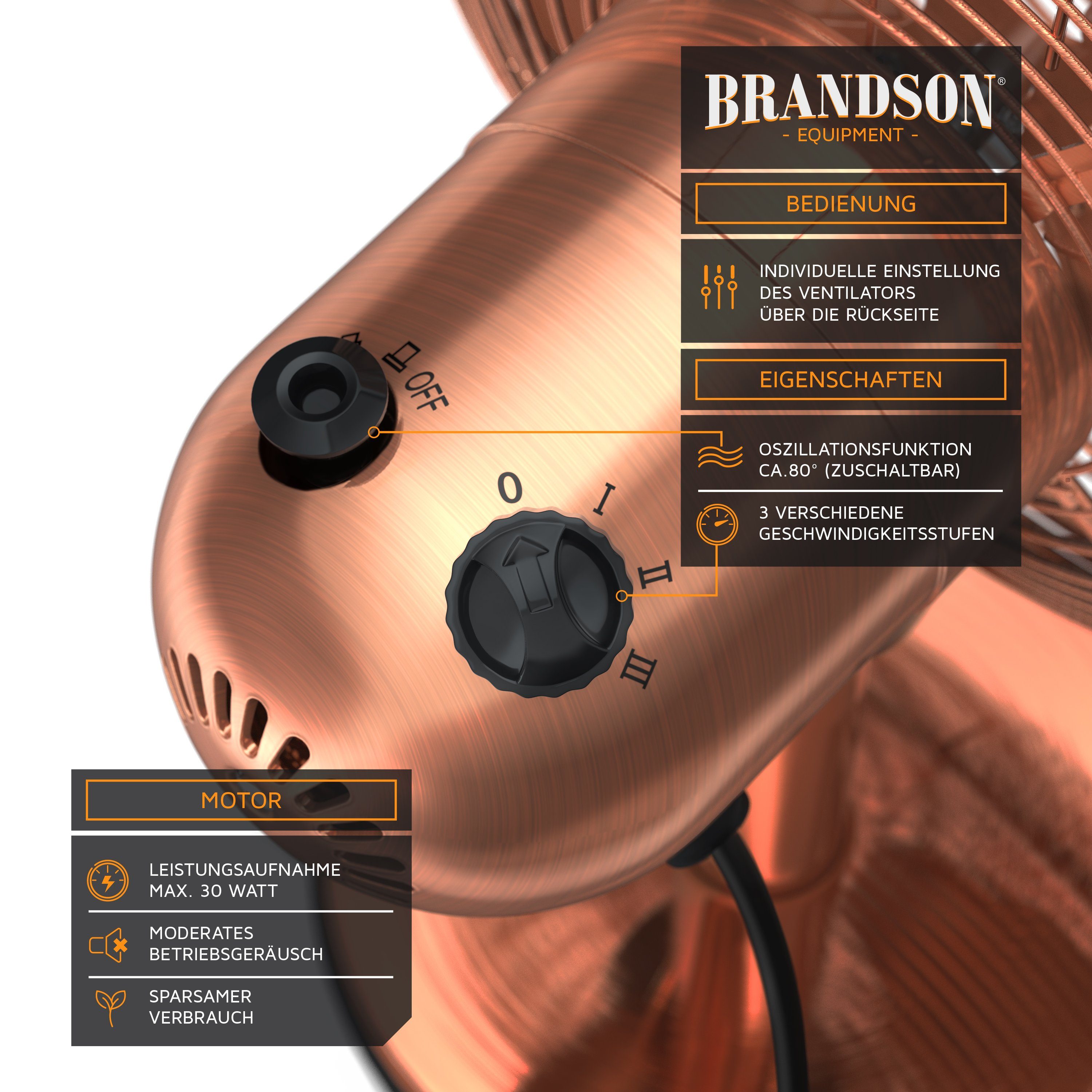 Brandson Tischventilator, Retro ca. 30W Metallgehäuse, Neigungswinkel 40°, Design, Oszillation