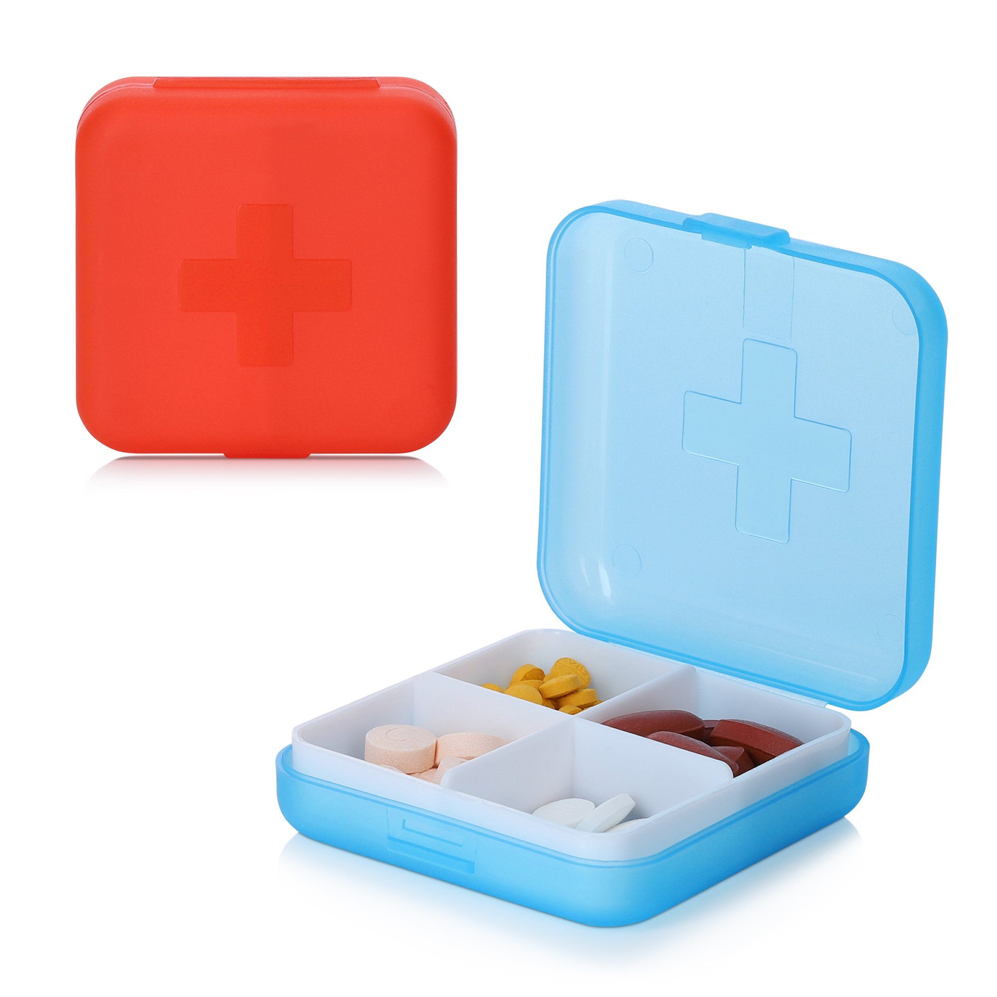 kwmobile Aufbewahrungsdose, 2x Kunststoff Pillendose mit 4 Fächern - 6,5 x  6,5 x 2 cm - Tablettendose Box - Medikamentenbox semi transparent - Dose  für Medikamente