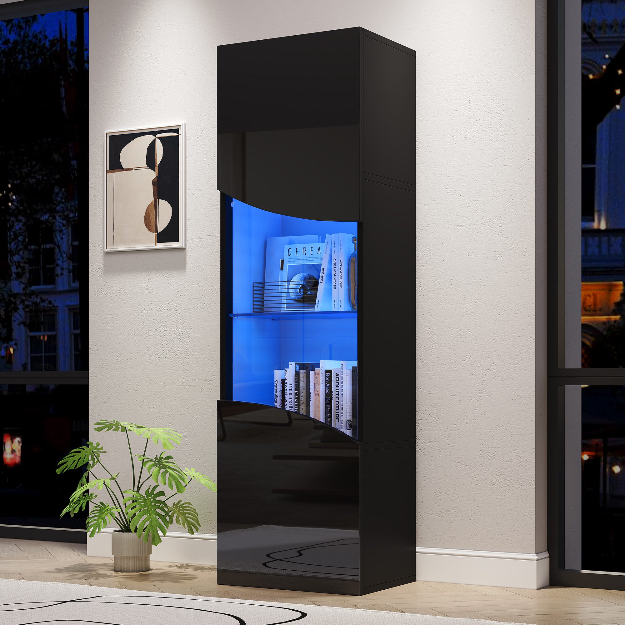 Merax Vitrine Hochglanz Vitrinenschrank mit LED (35 x 50 x 165 cm, 1-St) schmaler Wohnzimmerschrank Glasvitrine mit Wellenfront,großem Stauraum