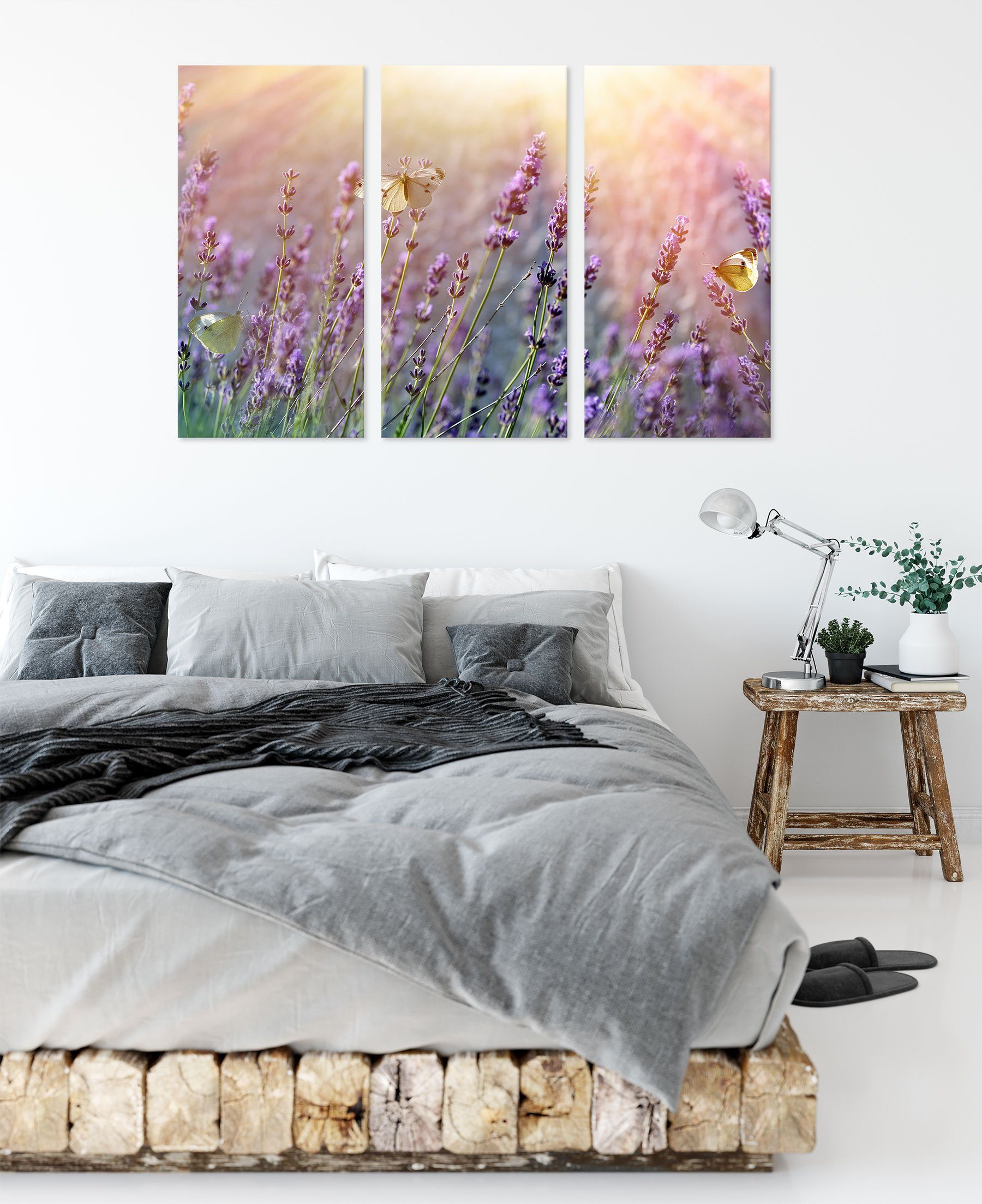 Pixxprint Schmetterlinge auf Lavendelblumen auf Schmetterlinge fertig Leinwandbild Zackenaufhänger (120x80cm) 3Teiler St), (1 Leinwandbild inkl. Lavendelblumen, bespannt,