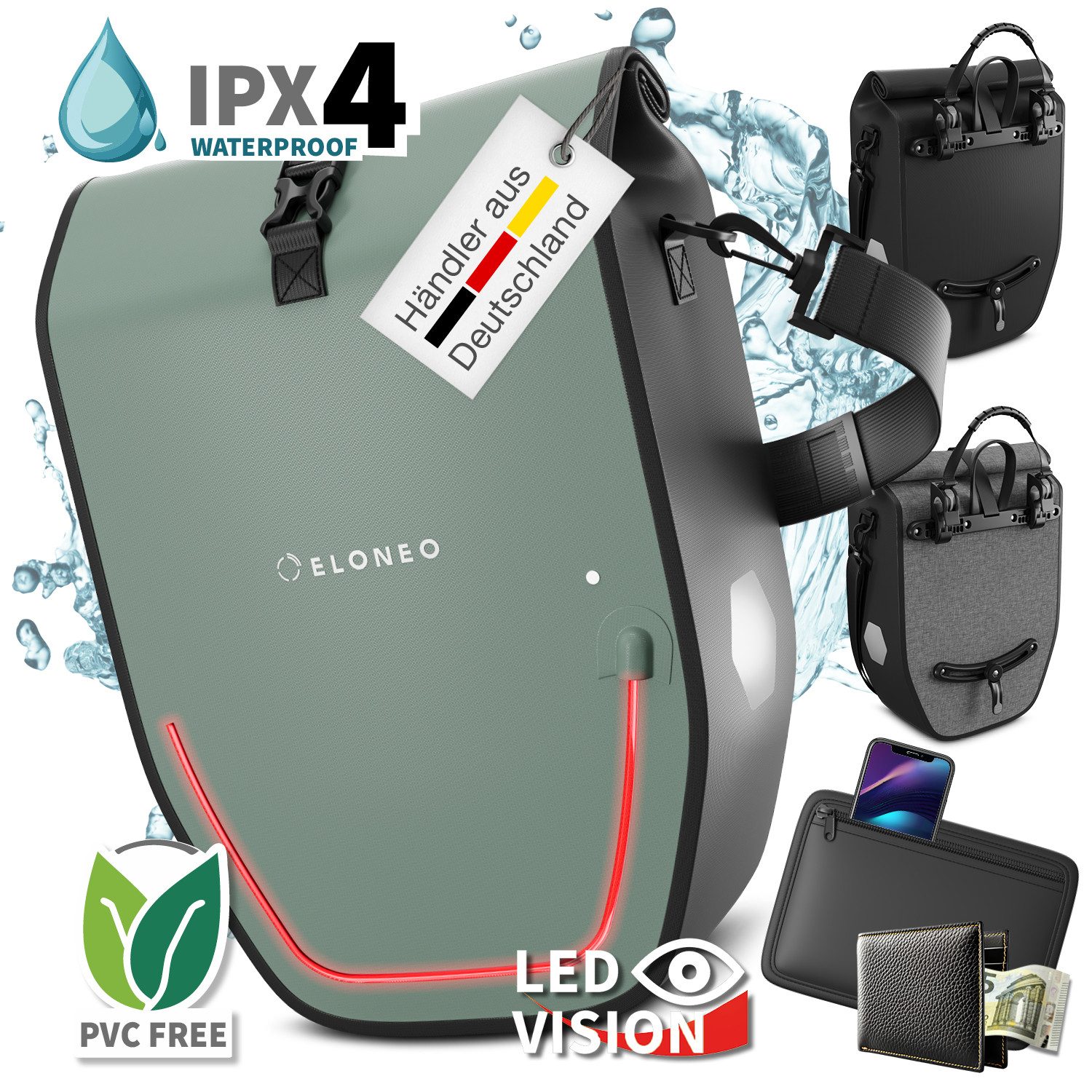 ELONEO Fahrradtasche Gepäckträgertasche, Satteltasche mit Reflektorstreifen, wasserdicht mit LED