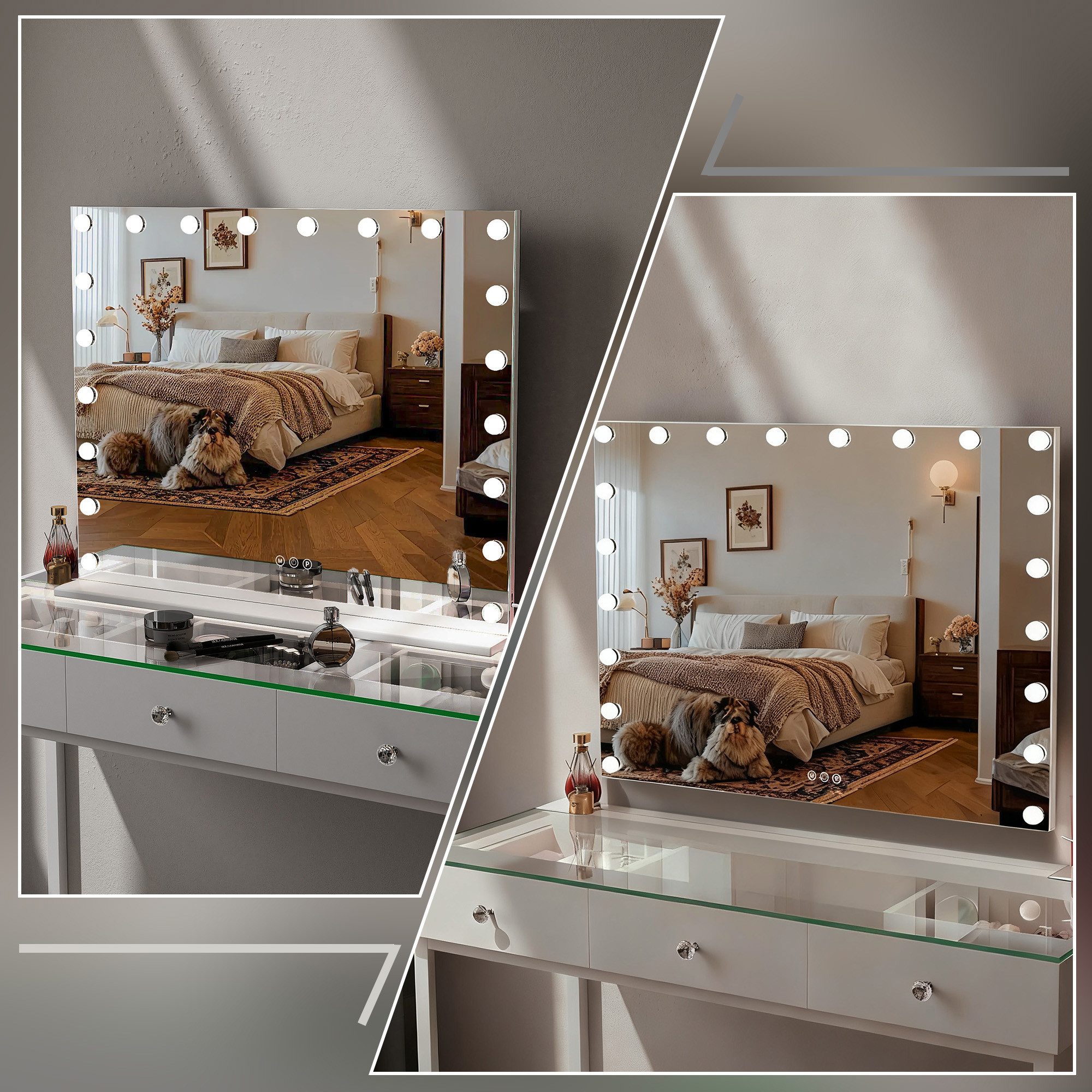 FENCHILIN Kosmetikspiegel mit LED-Beleuchtung, Hollywood-Schminktischspiegel, 100 x 80 cm (1-St), 10-fache Vergrößerung, 3 Lichtmodi, USB-Ladeanschluss