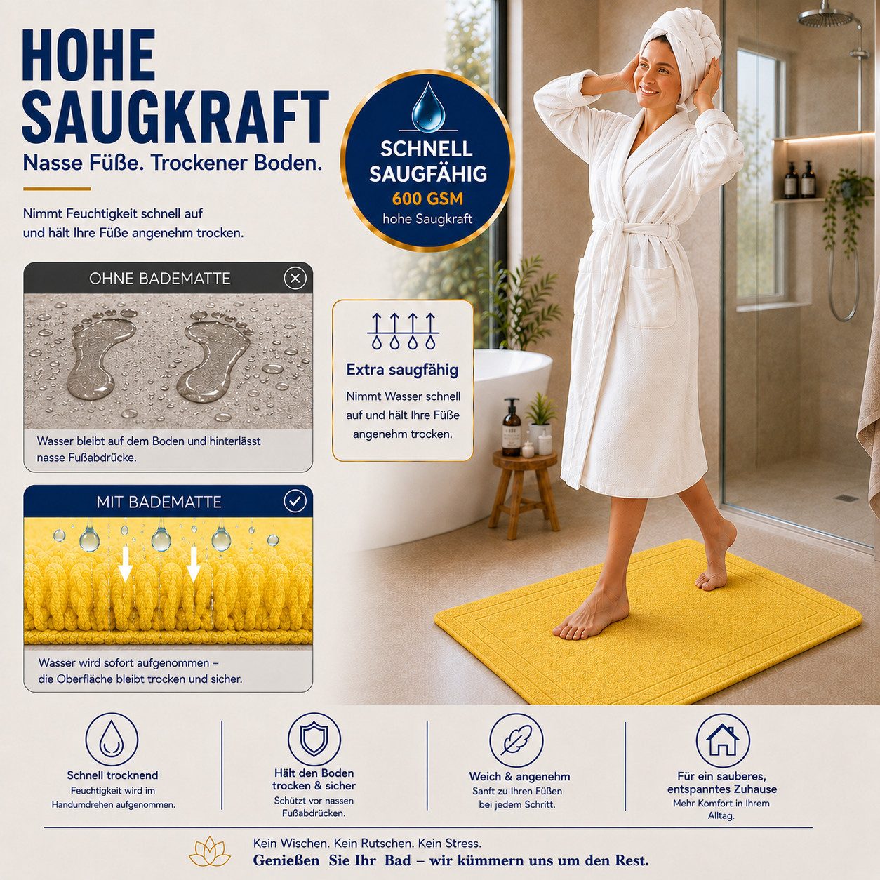 Komfortec Badematte 2er Badetuch Set aus 100% Baumwolle 50x70 cm Extra Weich & Saugstark, Rechteckig, 600 g/m² – Bild 2 von 5