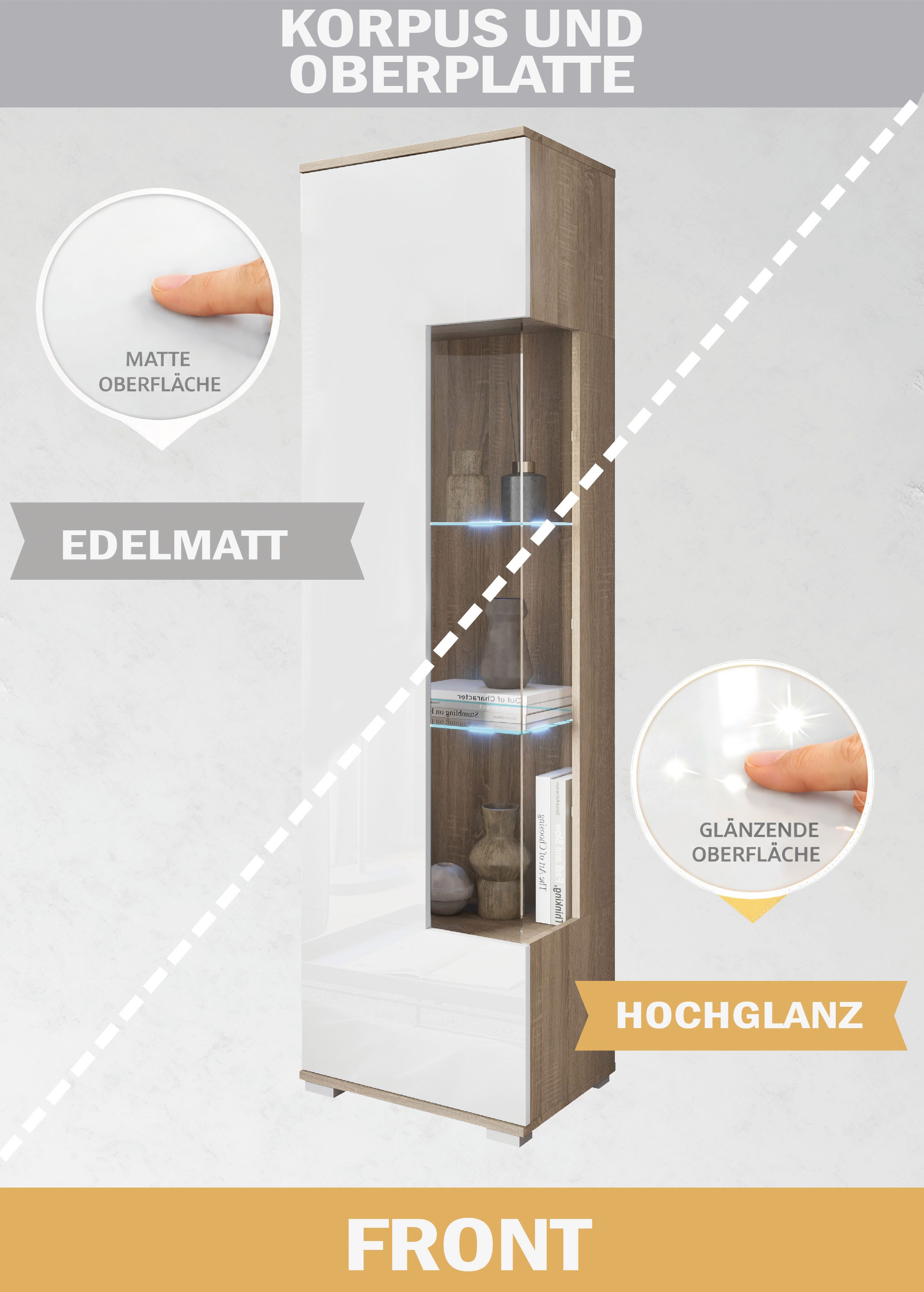 OTTO home Vitrine Kenia, stehend und hängend, Türanschlag wechselbar (1-St) Vitrineschrank mit Glastüren 160 cm Höhe
