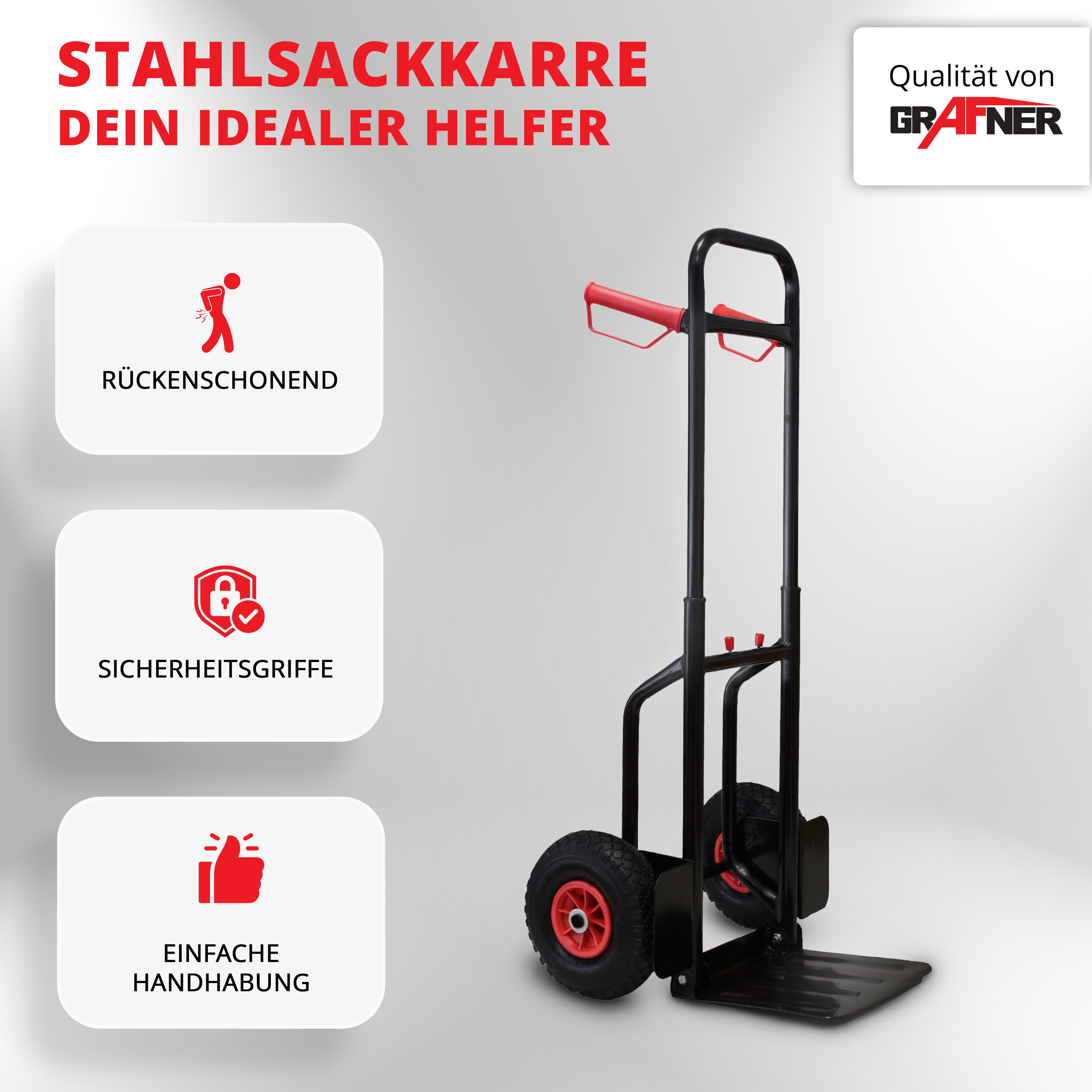 Grafner hand truck, 200kg capacity, extendable/foldable, solid rubber tires, FlatFree, foldable